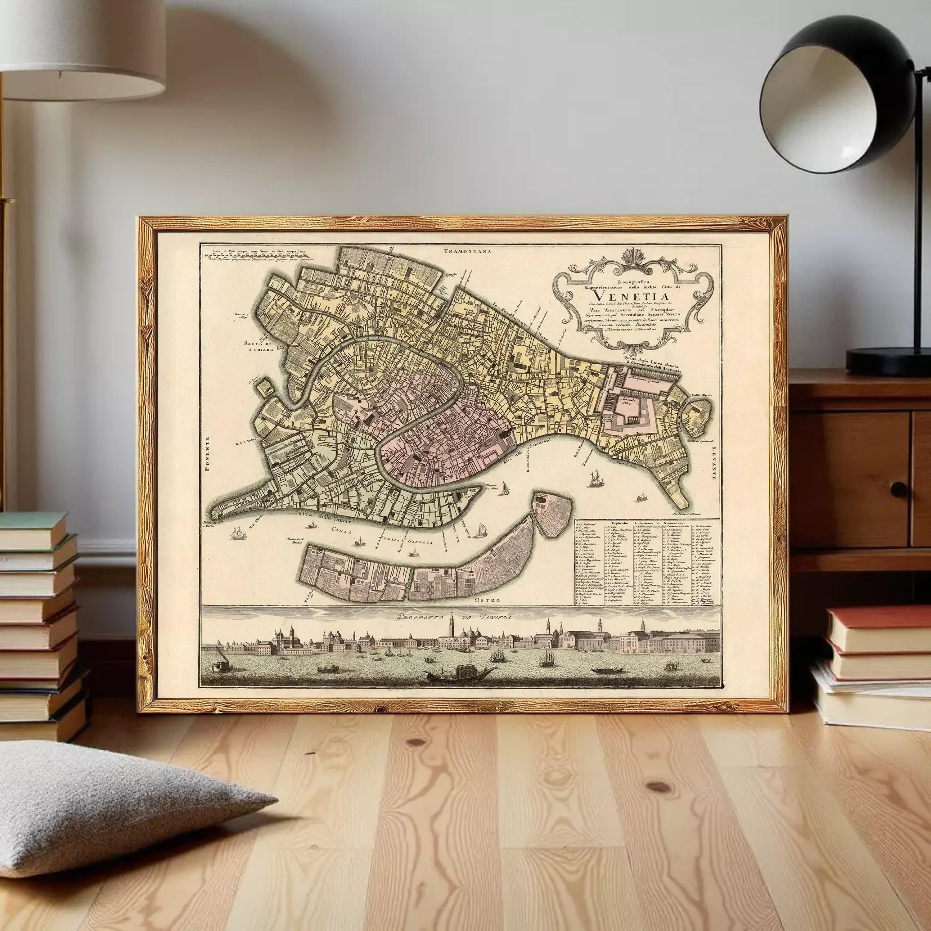 The image is a framed vintage map of Venice, Italy, depicting the city's layout and surrounding areas.