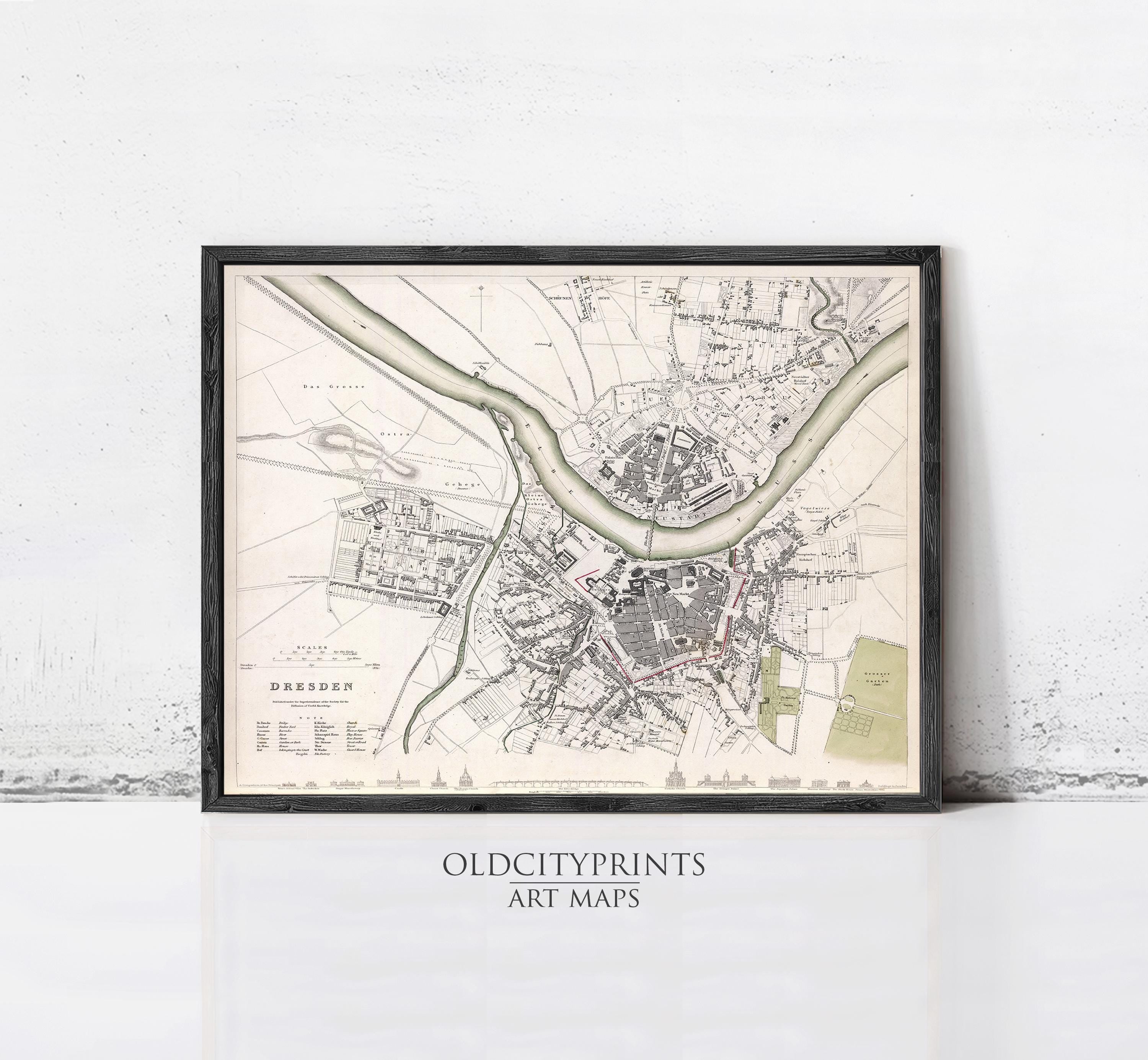 The image is a framed vintage map of Dresden, England, dating back to the 19th century.