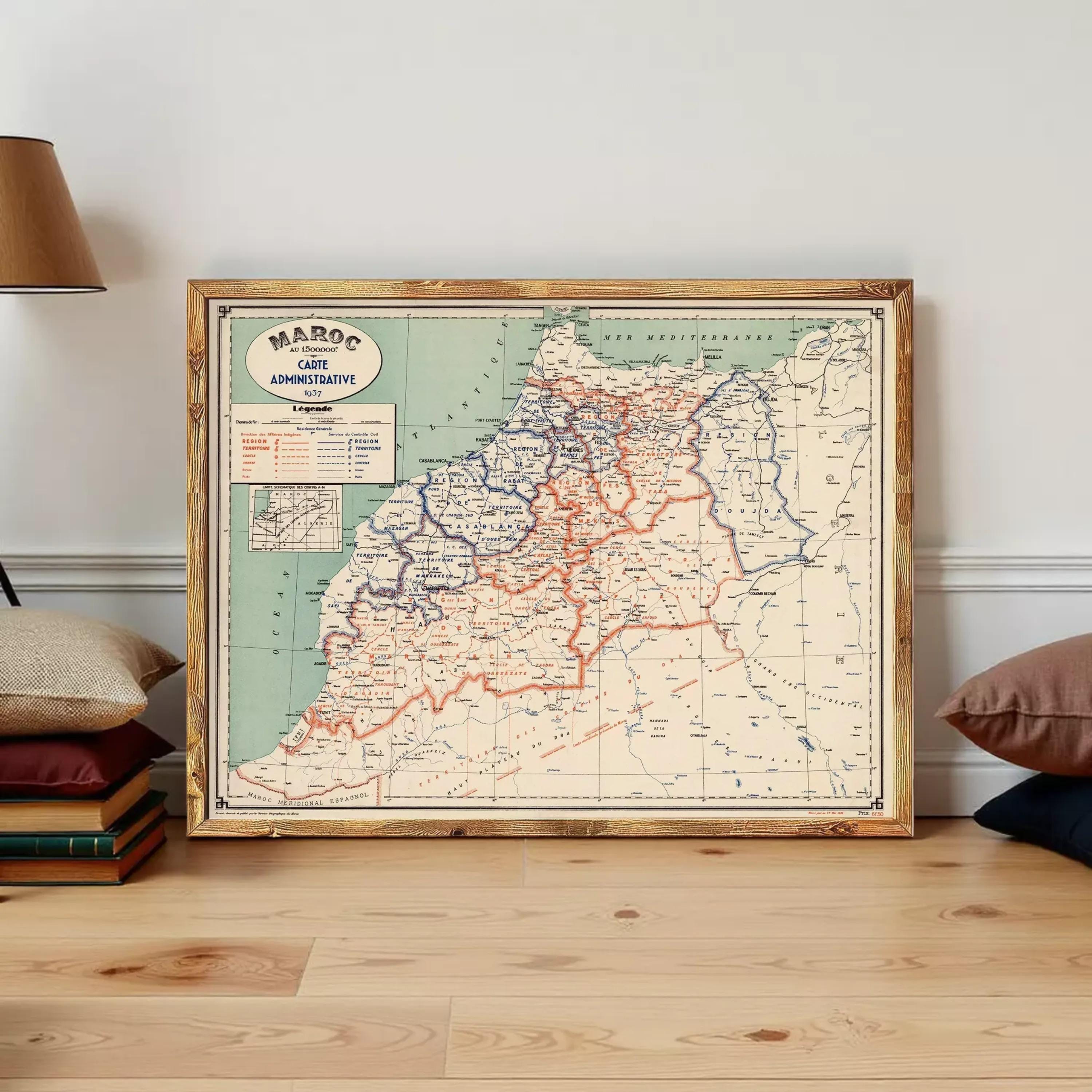 a framed map of Morocco, which is a vintage map of the country.