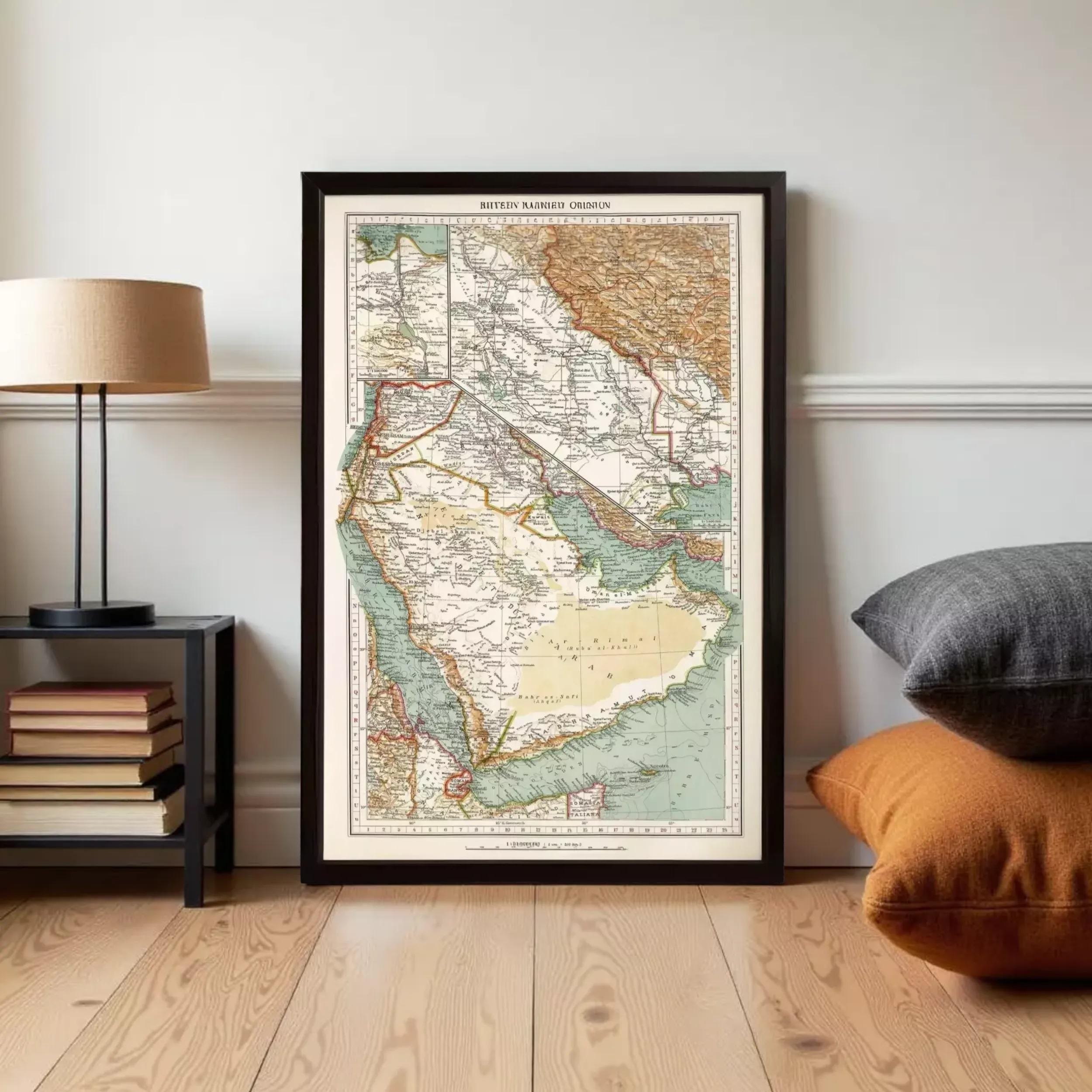 The image is a framed vintage map of the Arabian Peninsula, showing the countries and regions of the Middle East and North Africa.