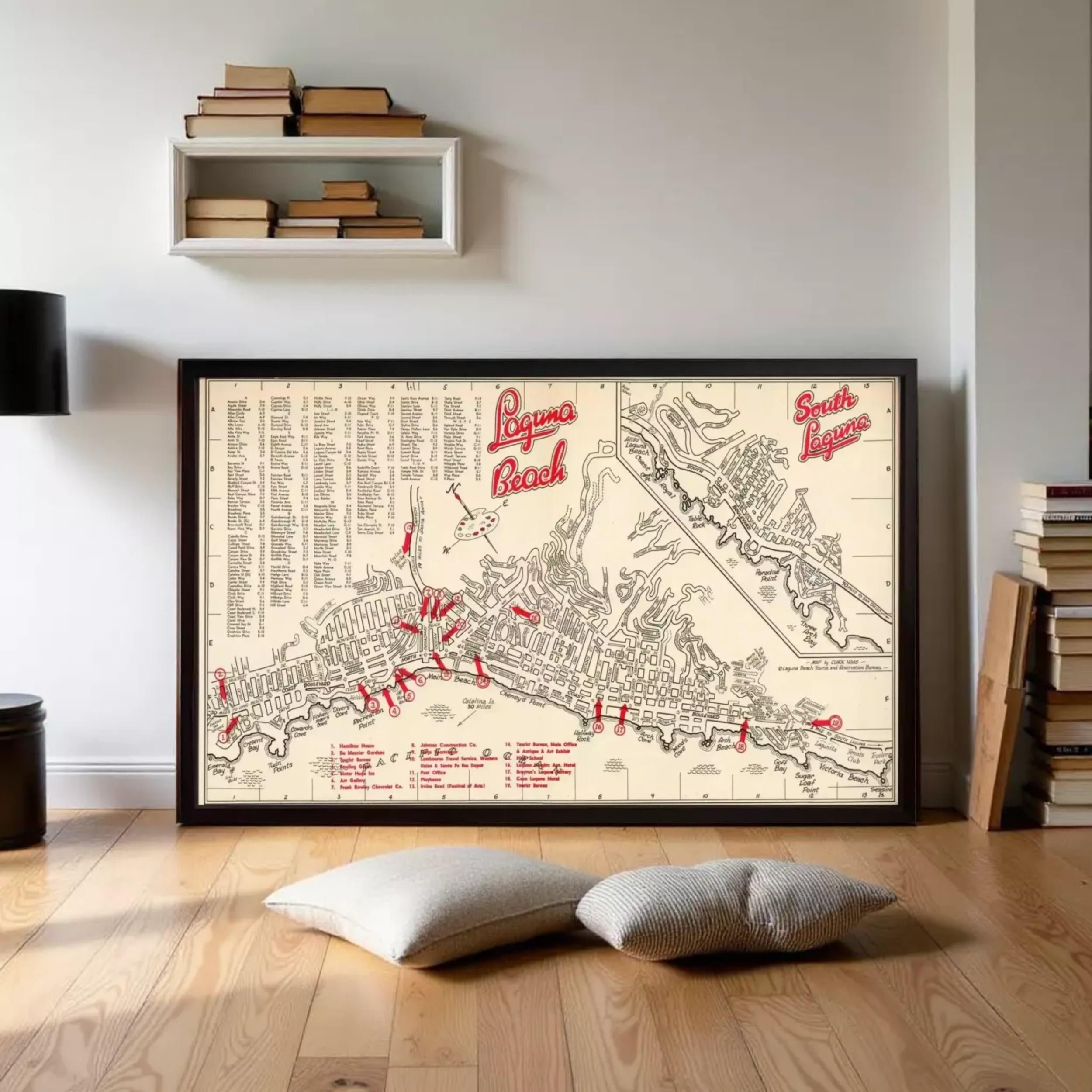 A framed vintage map of the Largo area, showing various landmarks and locations.