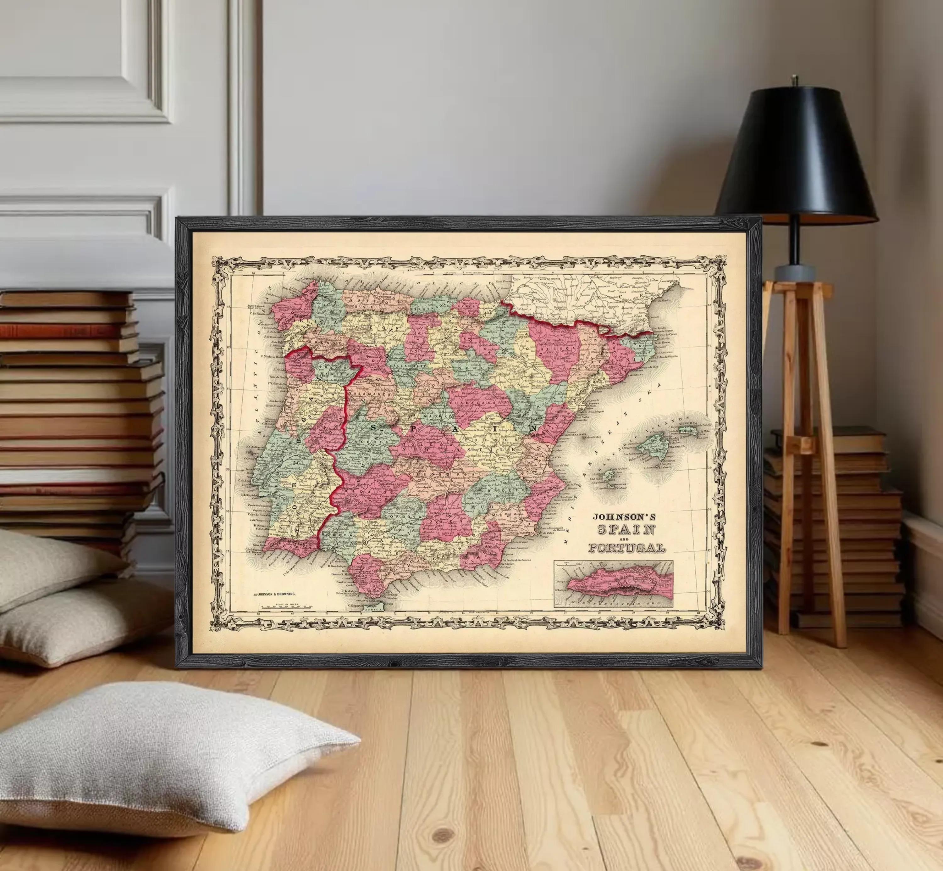 The image is a framed vintage map of Spain, depicting the country's geographical layout and boundaries.