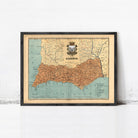 The image is a framed vintage map of Algarve, Portugal, depicting the region in a detailed and colorful manner.