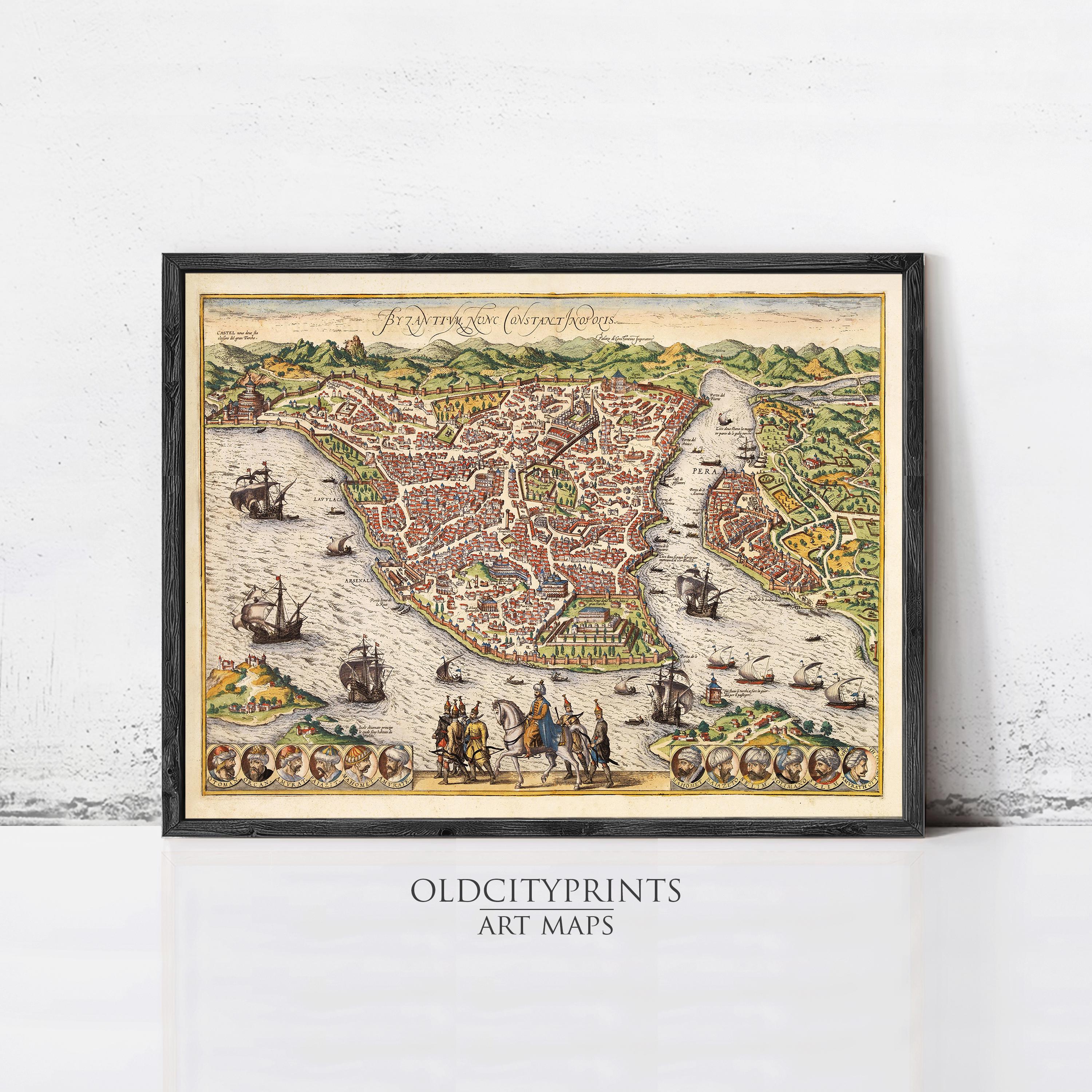 The image is a framed vintage map of a city, depicting a detailed and colorful representation of the city's layout, including ships and other elements.