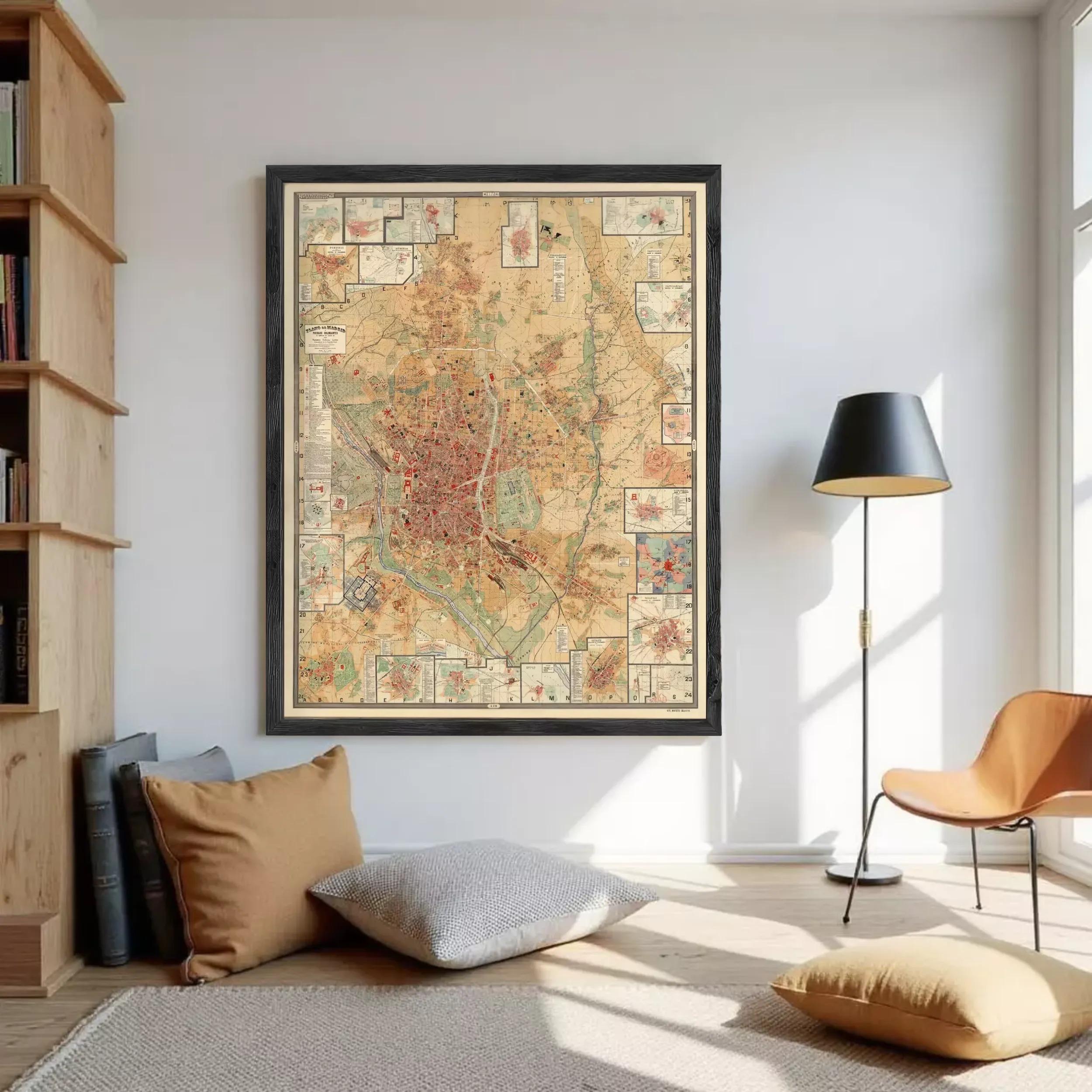 The image is a framed vintage map of a city, likely Paris, with various landmarks and streets depicted in a detailed and colorful manner.