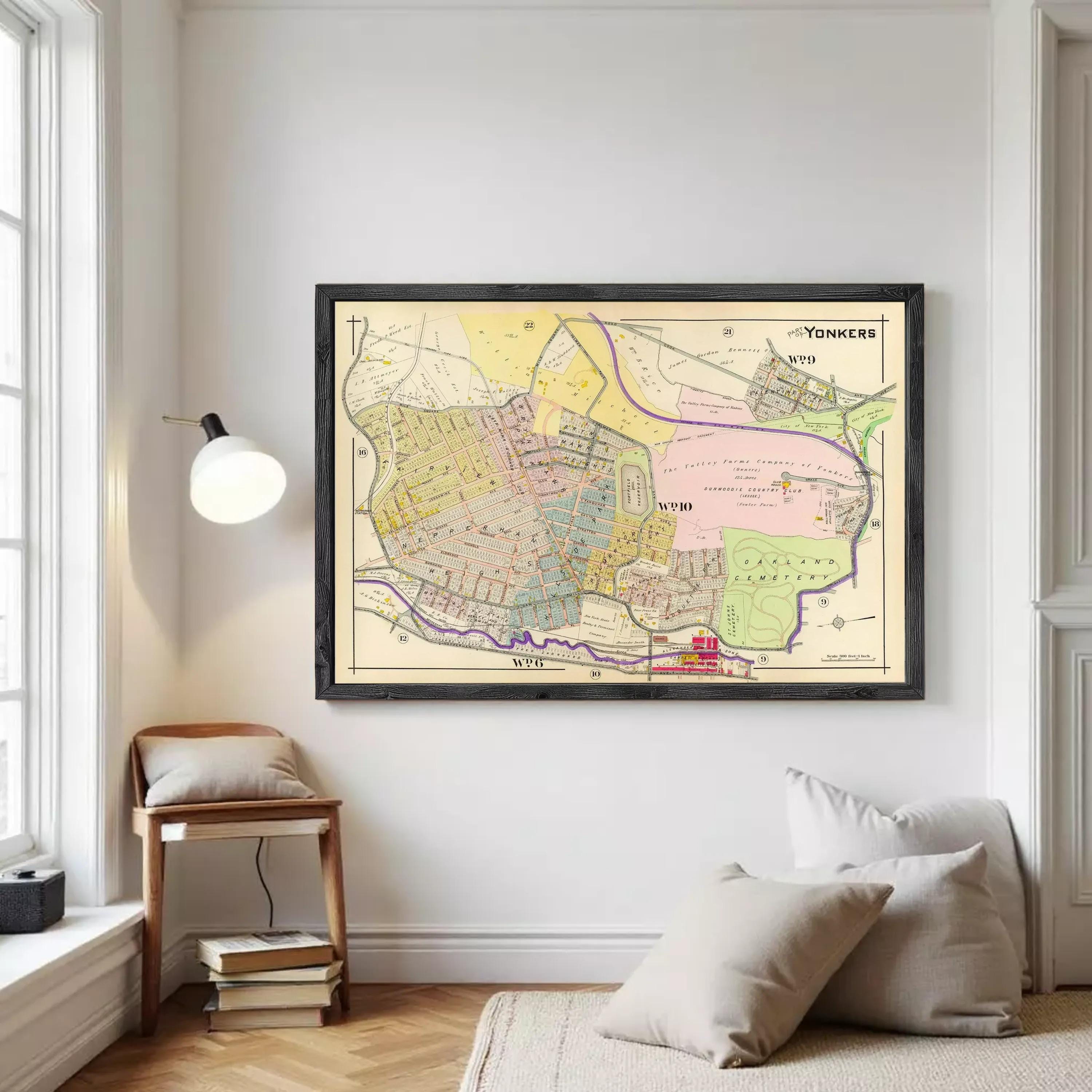 The image is a framed vintage map of the Yonkers area, showing a detailed layout of the neighborhood and surrounding areas.