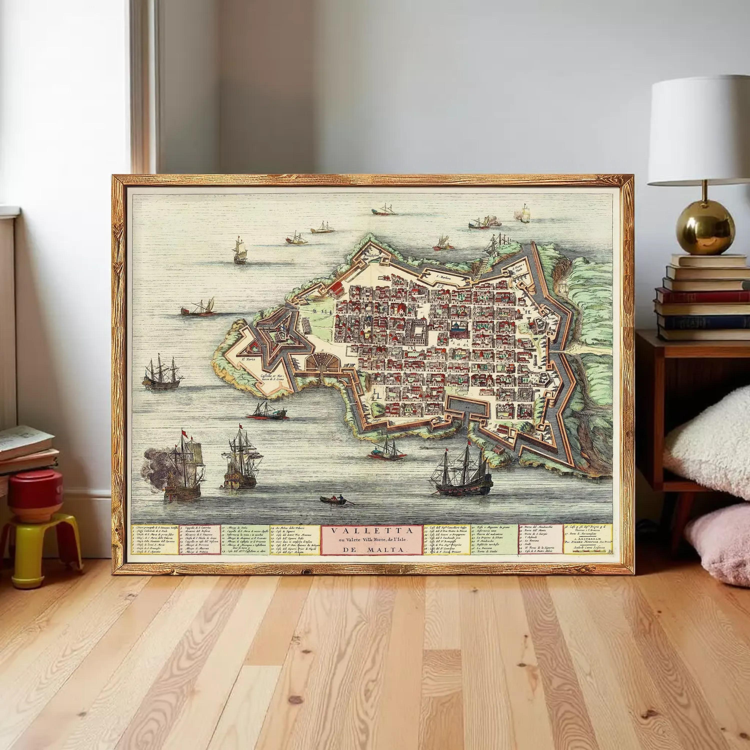 The image is a framed vintage map of a coastal city, depicting various ships and boats in the surrounding waters.