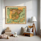 a cozy and well-decorated room with a large framed map of Spain hanging on the wall. The room has a comfortable chair, a lamp, and a stack of books, creating a warm and inviting atmosphere.