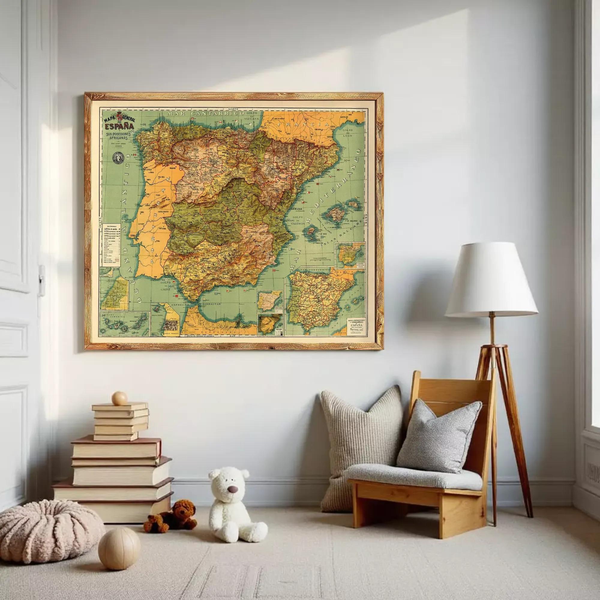 a cozy and well-decorated room with a large framed map of Spain hanging on the wall. The room has a comfortable chair, a lamp, and a stack of books, creating a warm and inviting atmosphere.