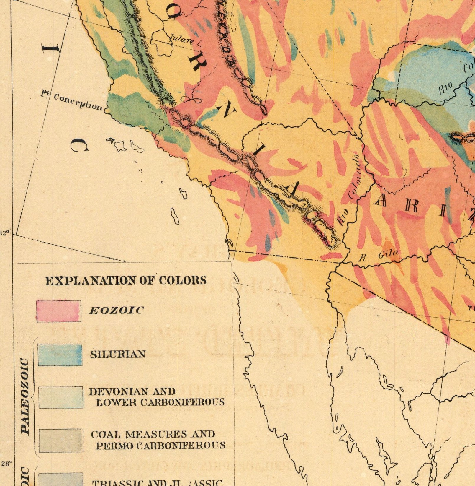 The image is a detailed geological map of the western United States, showing the different types of rocks and their distribution across the region.