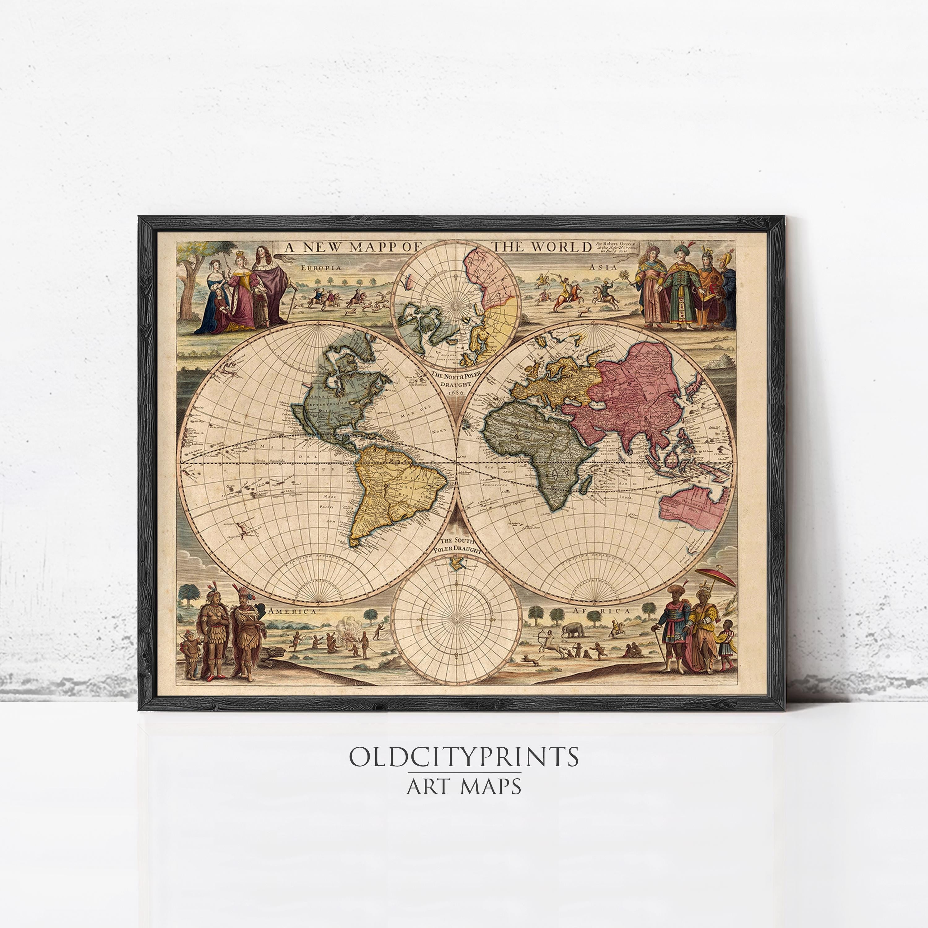 The image is a framed vintage map of the world, featuring intricate illustrations and detailed cartography.