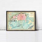 The image is a framed map of a city, likely a coastal city, with various landmarks and waterways depicted.