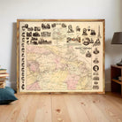 The image is a framed vintage map of the United States, specifically the Virginia Territory, with various illustrations and portraits surrounding the map.