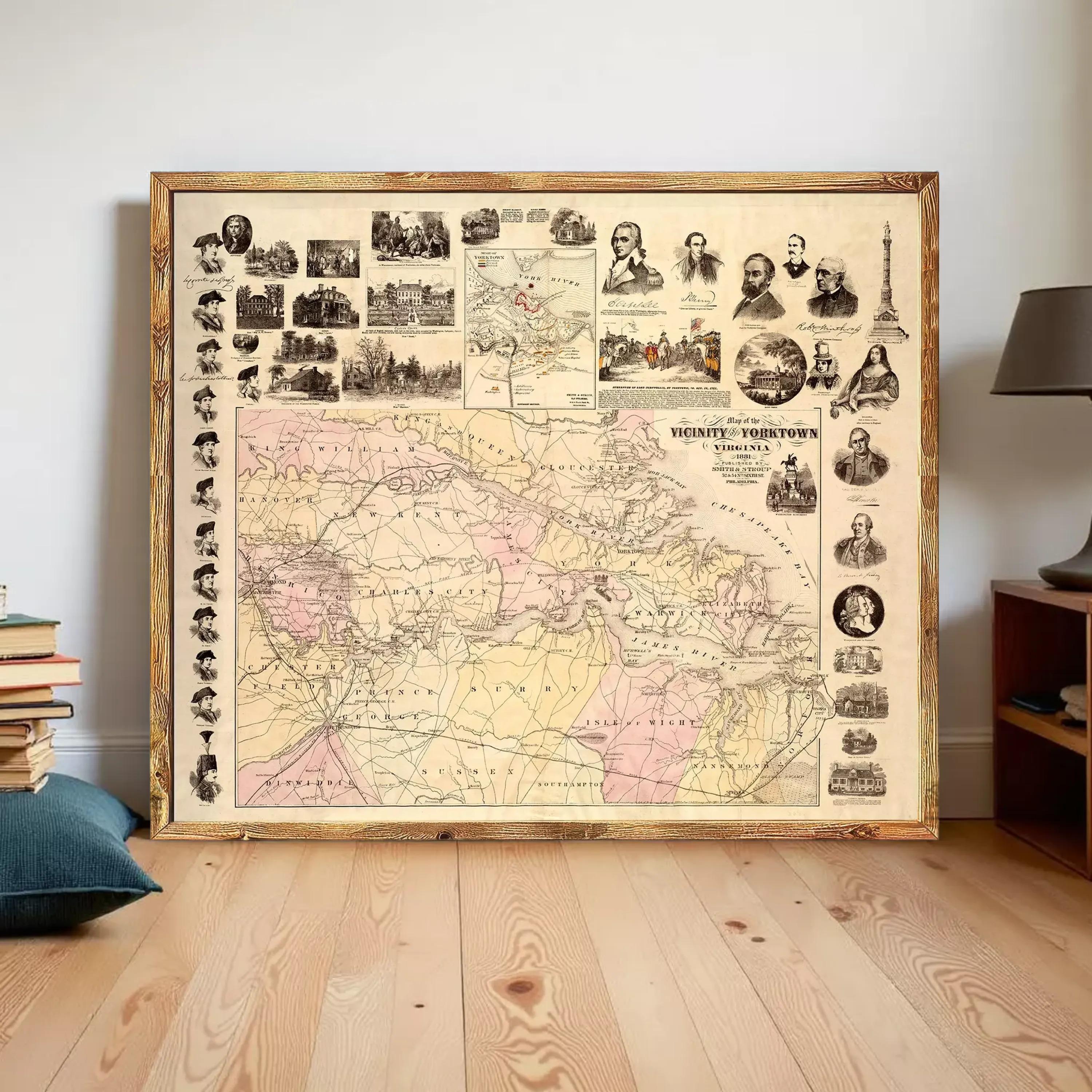 The image is a framed vintage map of the United States, specifically the Virginia Territory, with various illustrations and portraits surrounding the map.