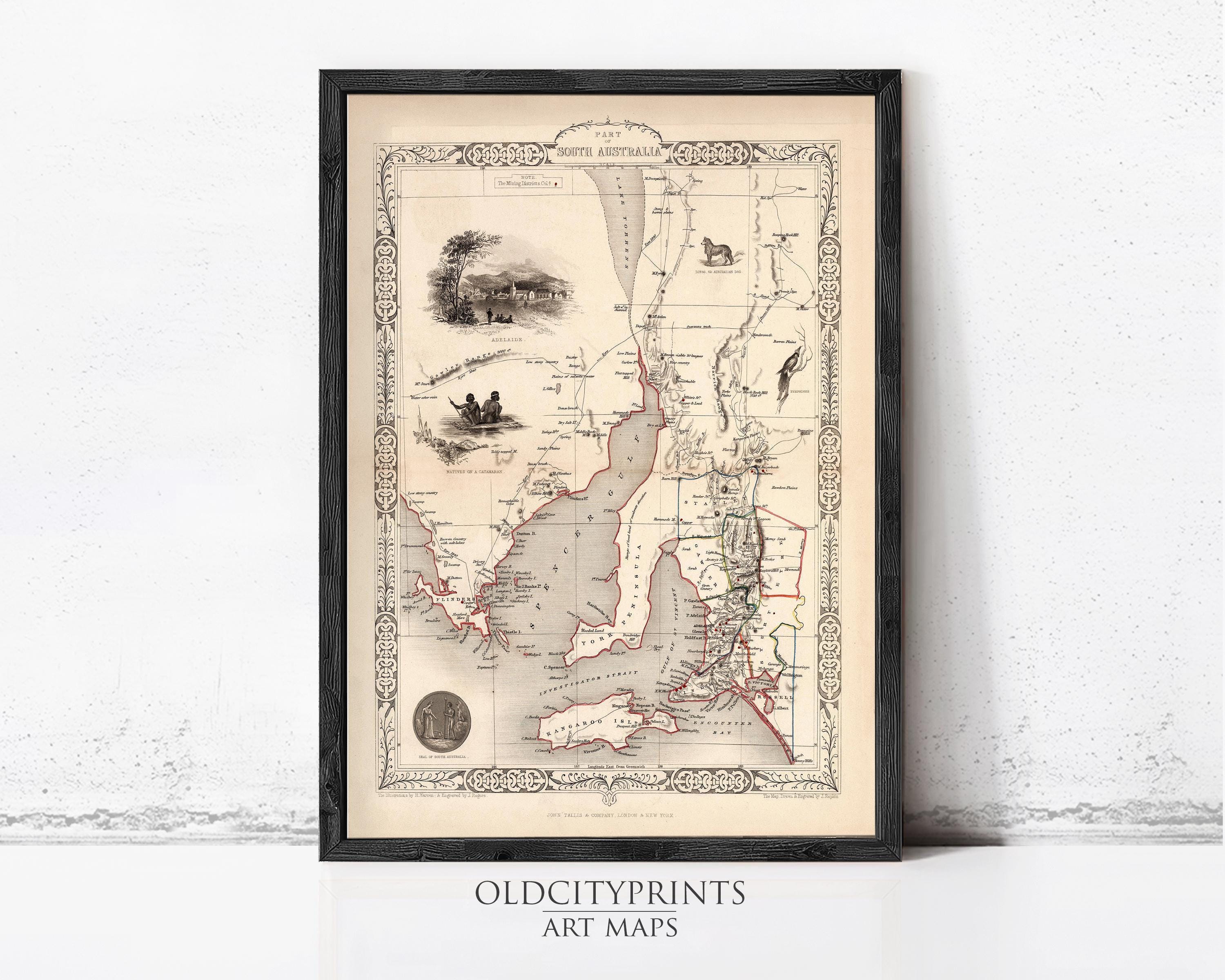 The image is a framed vintage map of the South Australia region, featuring detailed illustrations and labels.