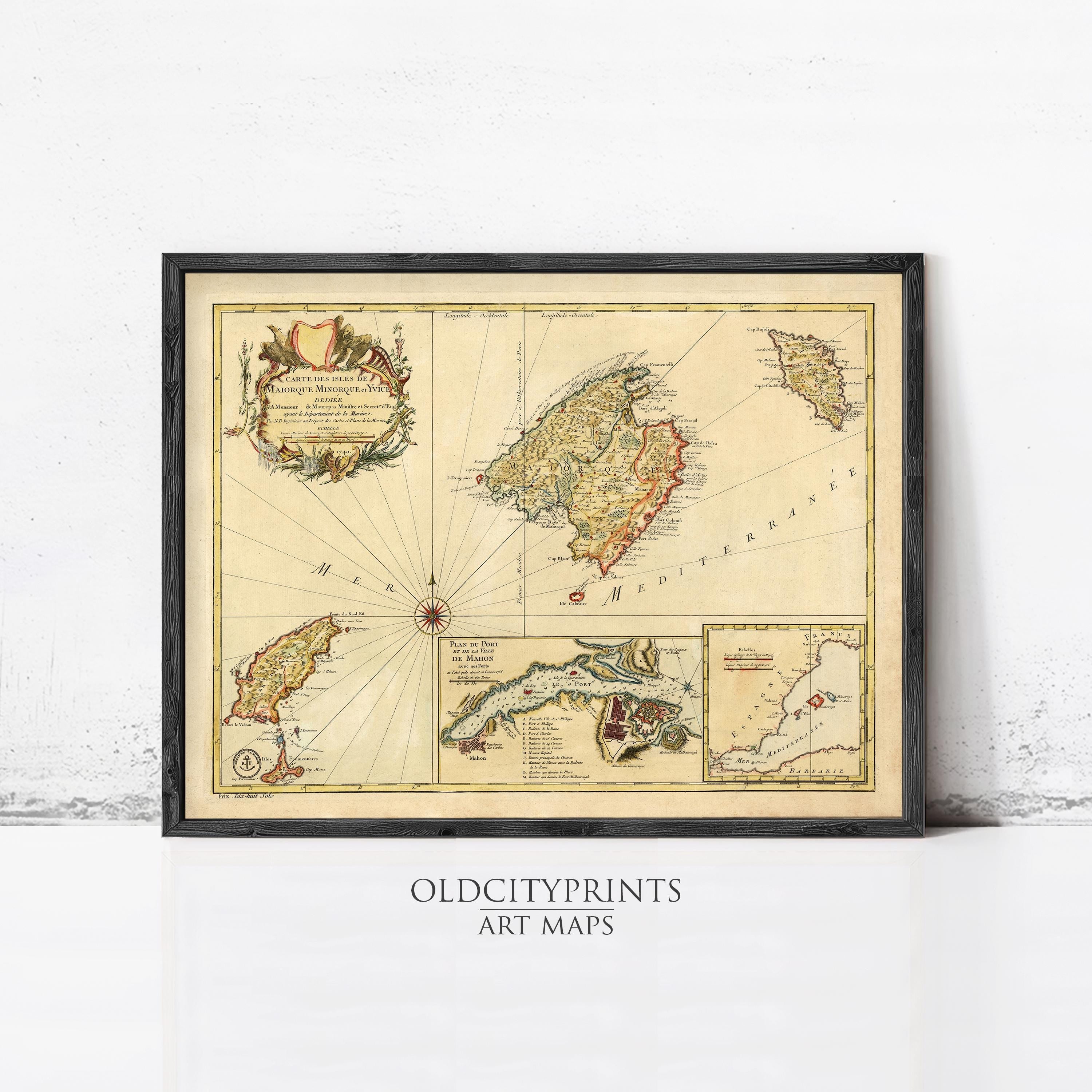 The image is a framed vintage map of the Mediterranean region, featuring detailed cartography and geographical information.