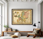 The image is a framed antique map of Europe, featuring detailed cartography and colorful borders.