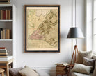 The image is a framed historical map of the city of New York, depicting the city's layout and surrounding areas.
