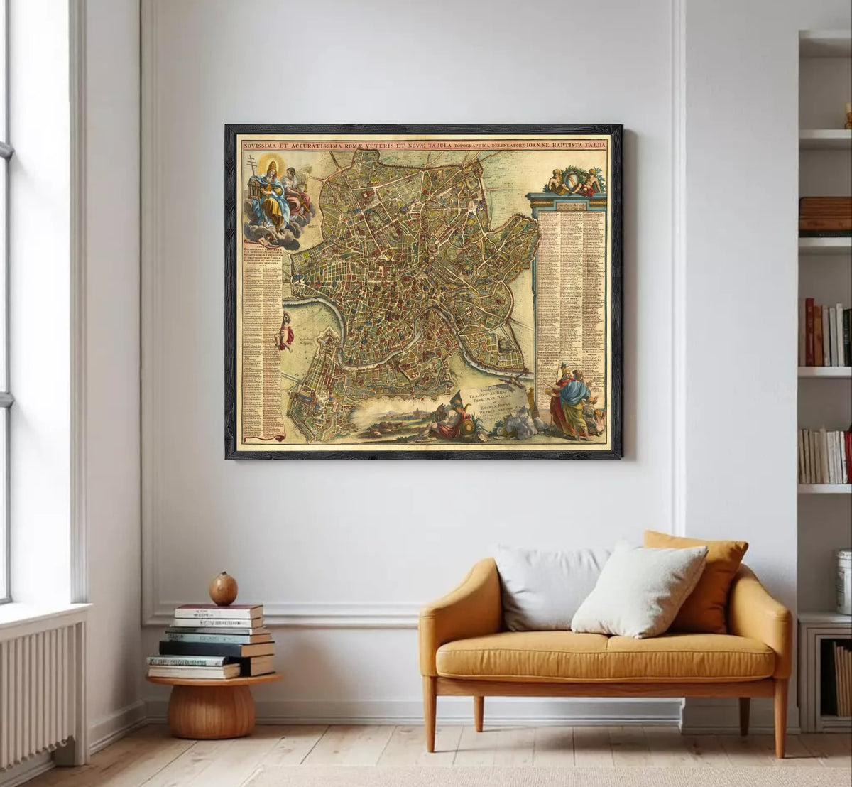 The image is a framed antique map of Rome, Italy, depicting the city's layout and surrounding areas.