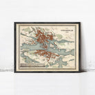 The image is a framed vintage map of Stockholm, Sweden, depicting the city's layout and surrounding waterways.