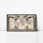 The image is a framed vintage map of the world, featuring intricate details and decorative elements.