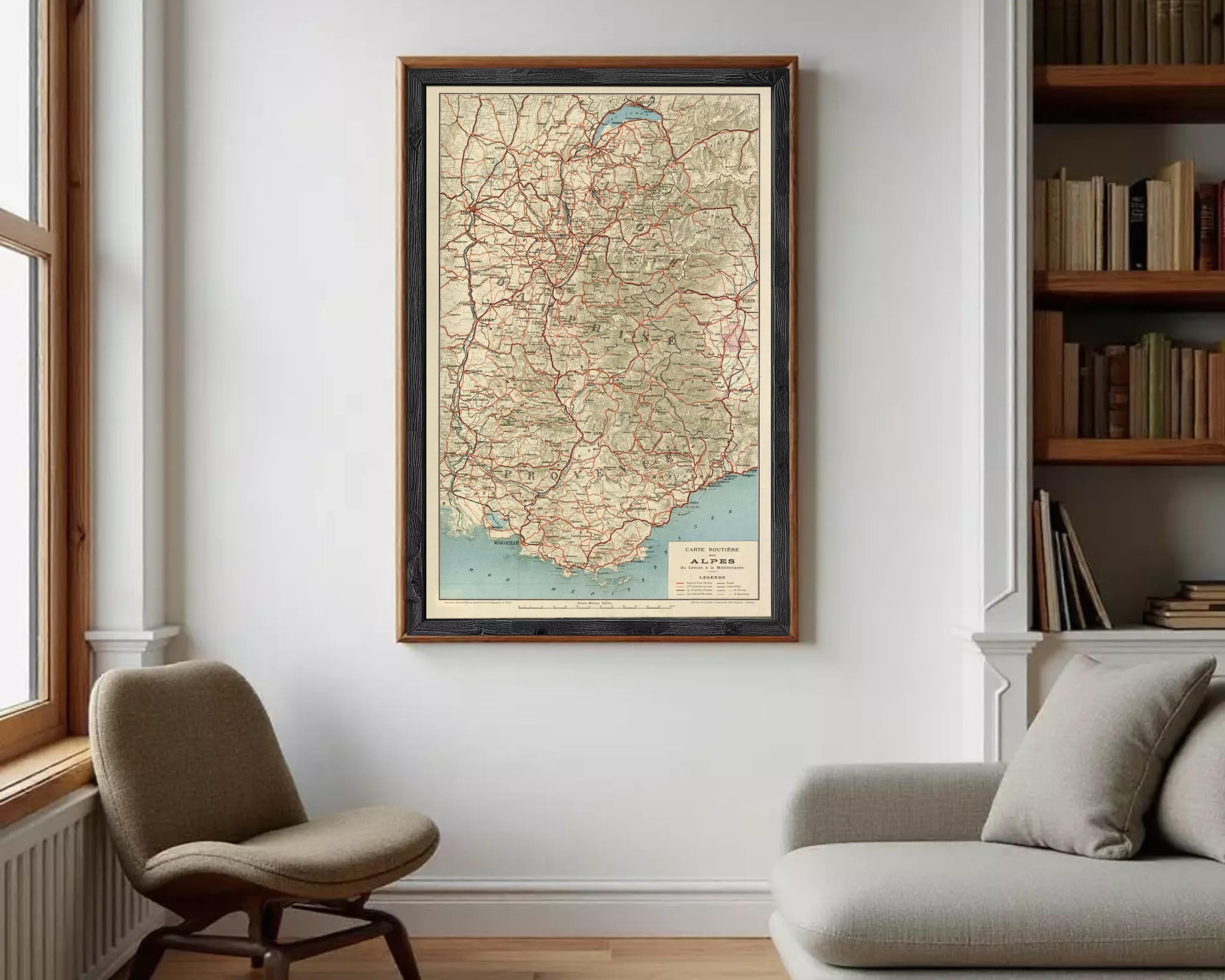 The image is a framed vintage map of the Alpes region, depicting the various mountain ranges and roads in the area.