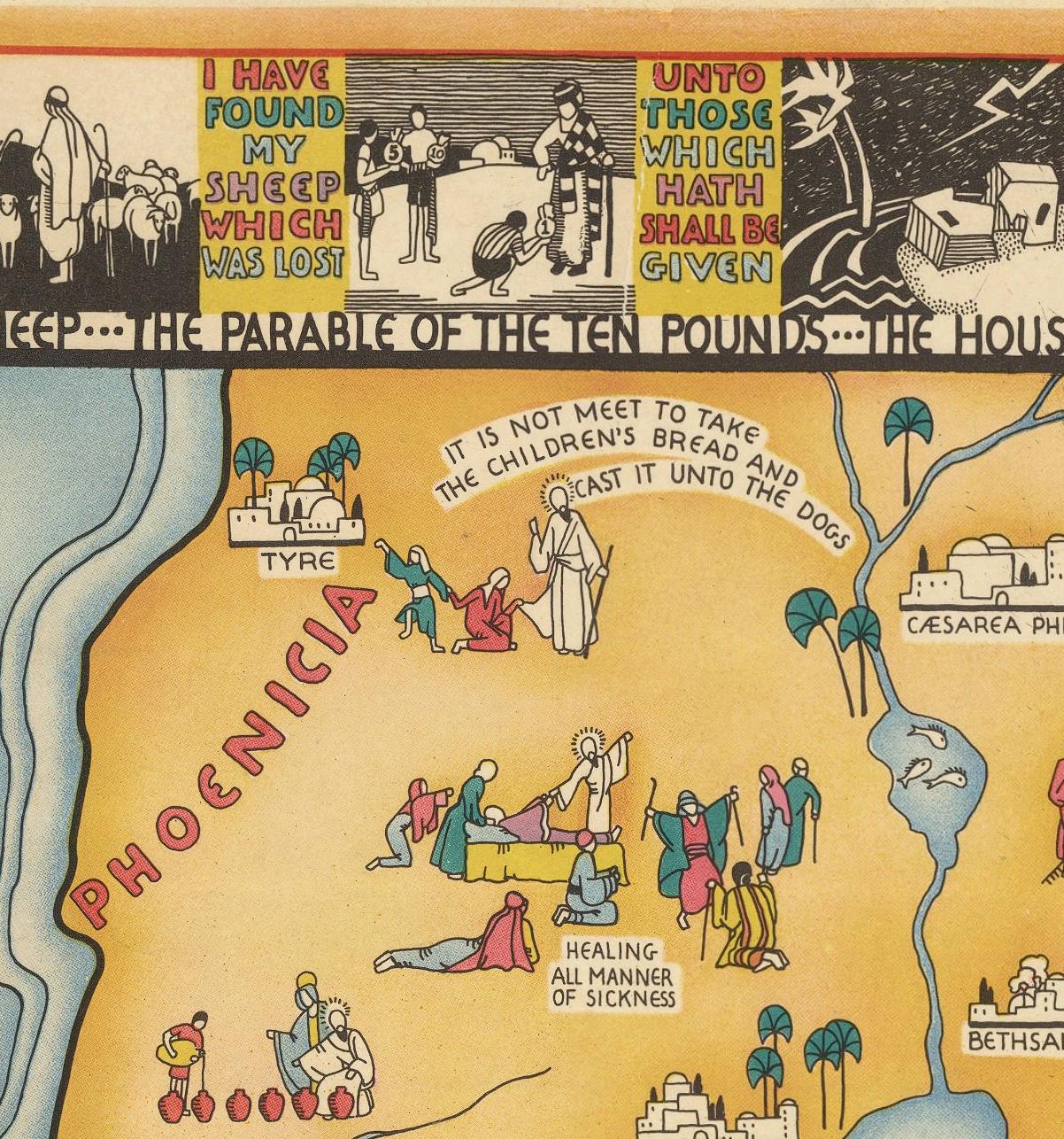 The image is a colorful illustration depicting a biblical scene with various figures and symbols, including a parable of the ten pounds, a house, and a river.