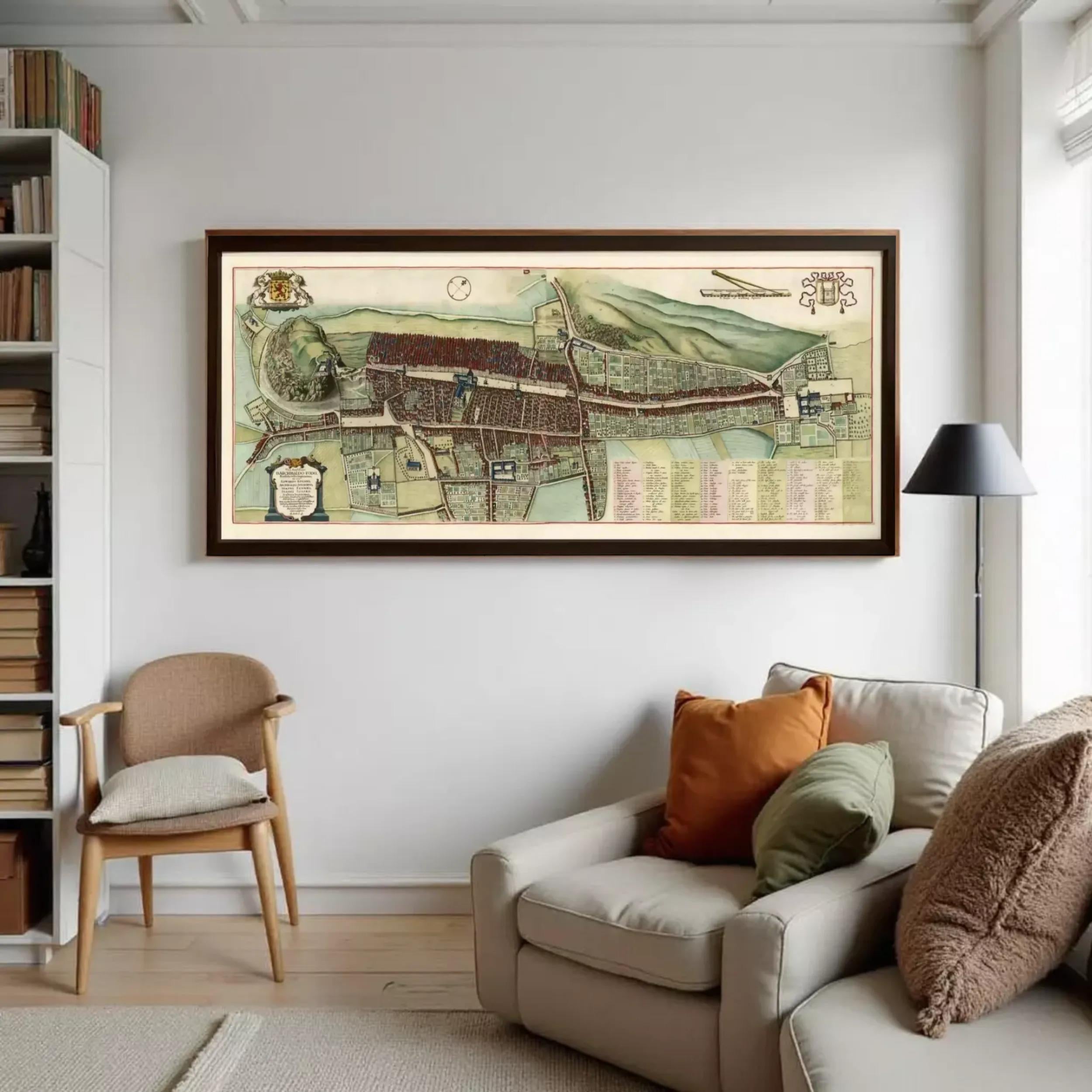 The image is a framed map of a city or town, depicting various streets, buildings, and landmarks.