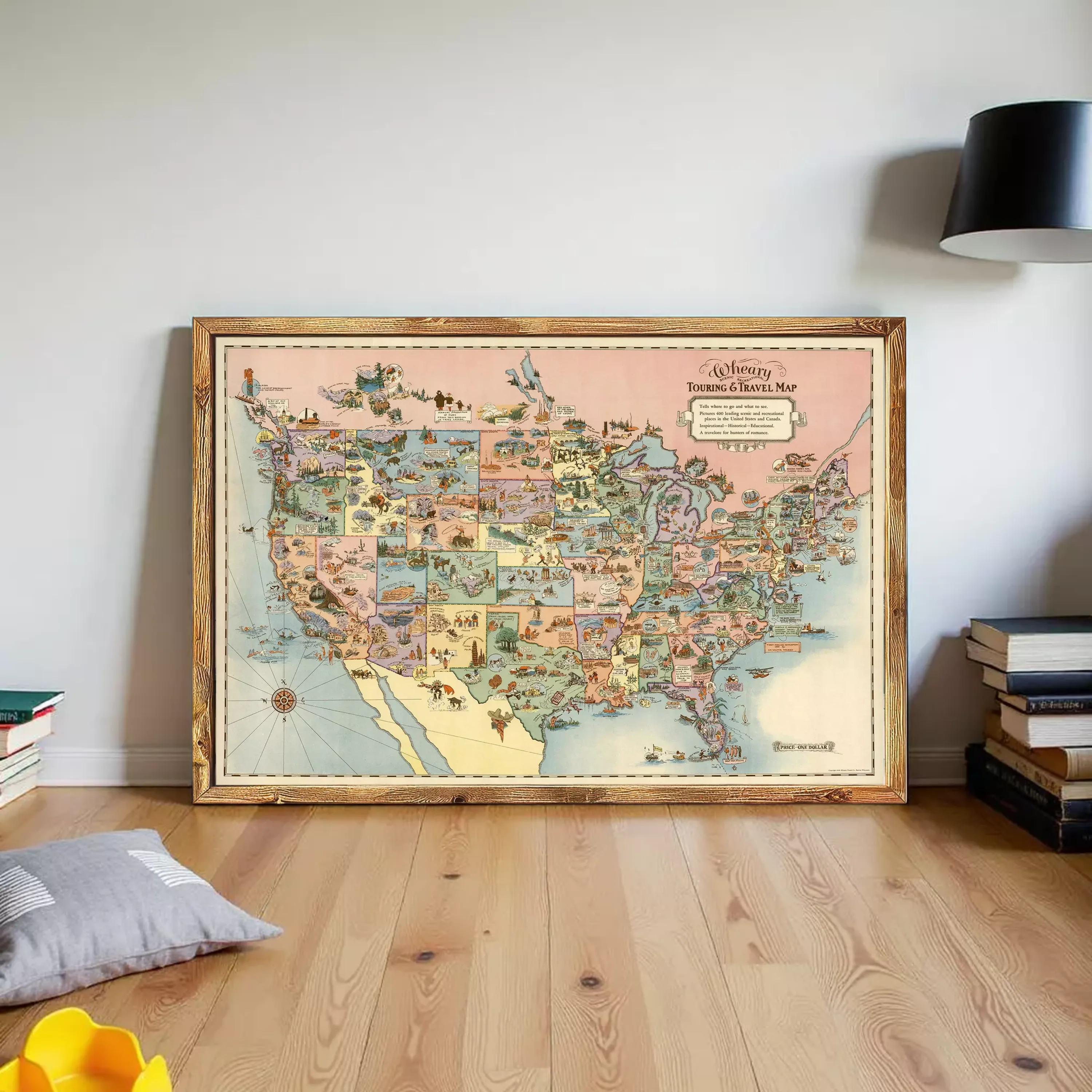 a large, colorful map of the United States, with various regions and landmarks depicted in detail.
