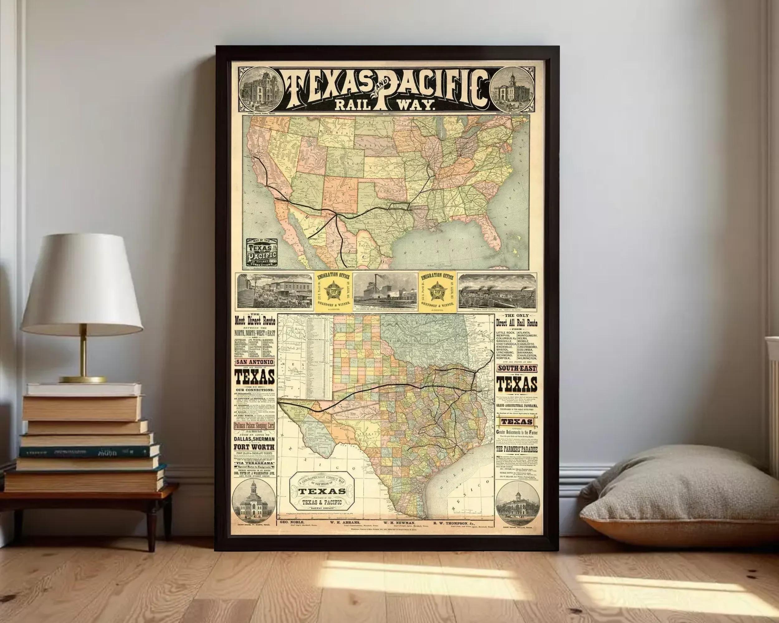 The image is a framed vintage map of the United States, specifically the Texas portion, with a focus on the Texas Pacific Railway.