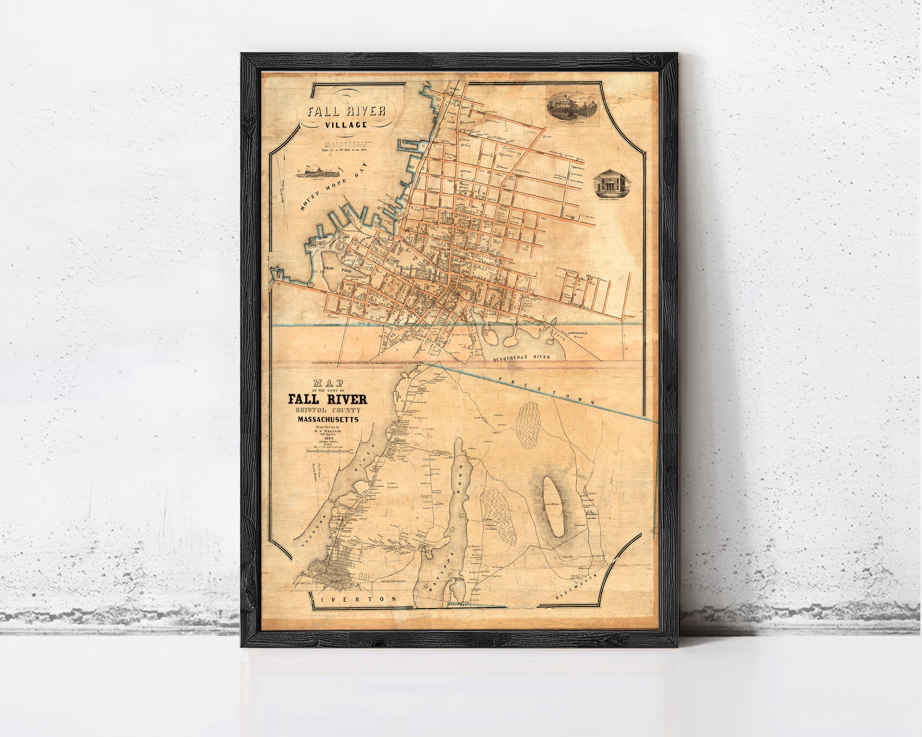 The image is a framed vintage map of the Fall River Valley in Massachusetts, depicting the surrounding area and waterways.