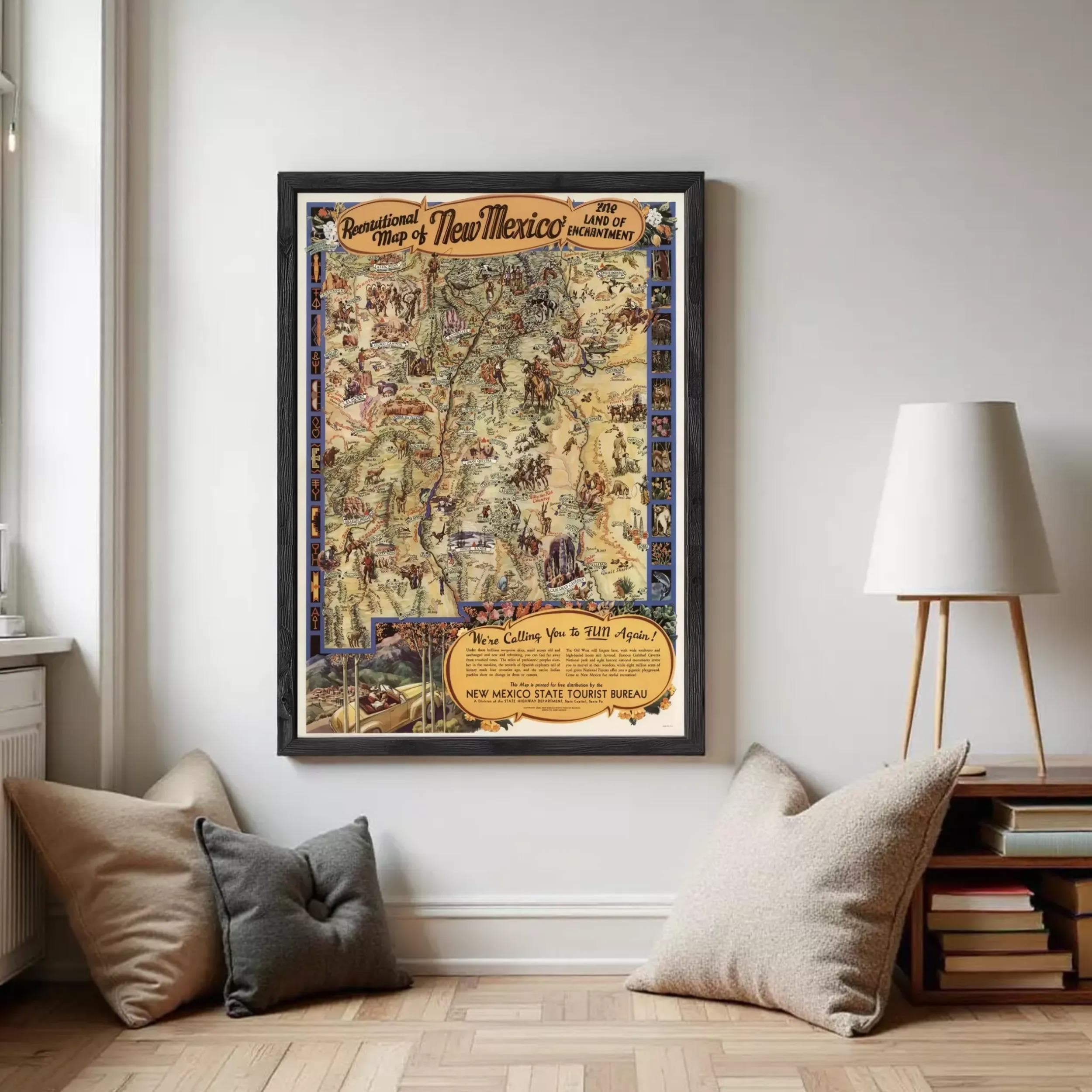 The image is a framed vintage map of New Mexico, depicting various landmarks and locations across the state.