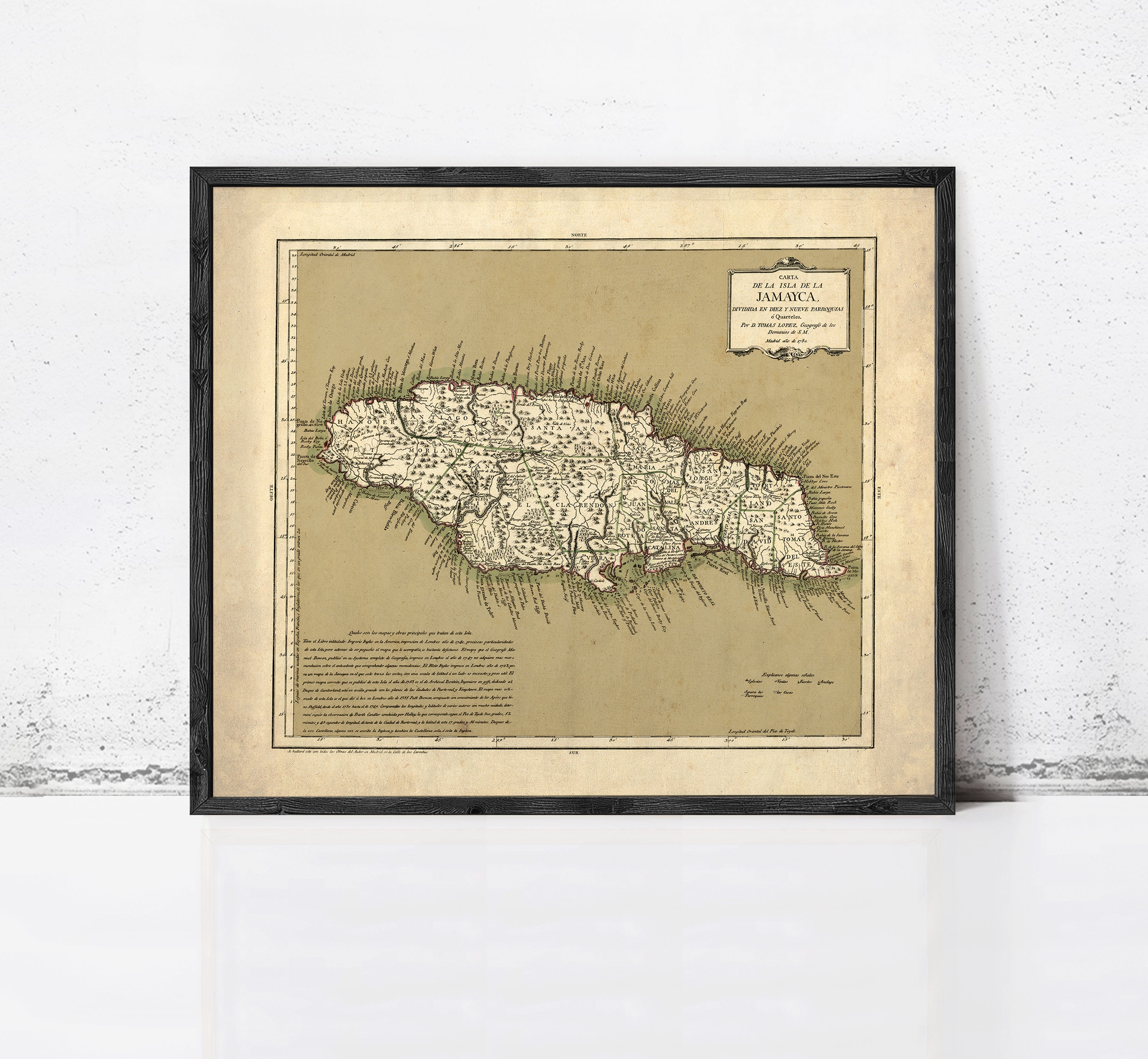 The image is a framed vintage map of Jamaica, depicting the country's geographical layout and boundaries.
