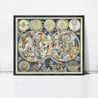 The image is a framed illustration depicting a detailed and colorful depiction of the night sky, with various celestial objects and symbols.