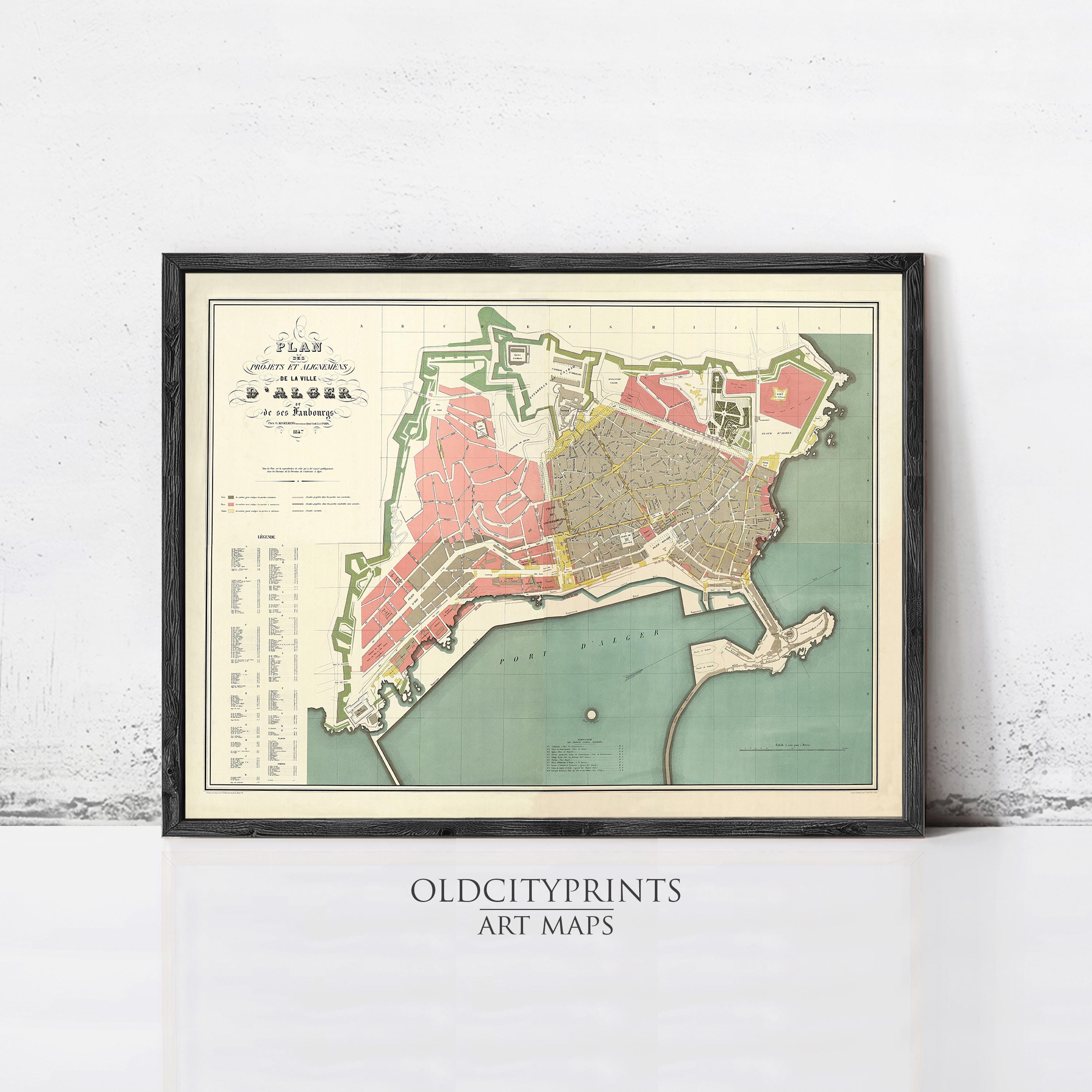 The image is a framed art map of a city, depicting the layout and various landmarks.