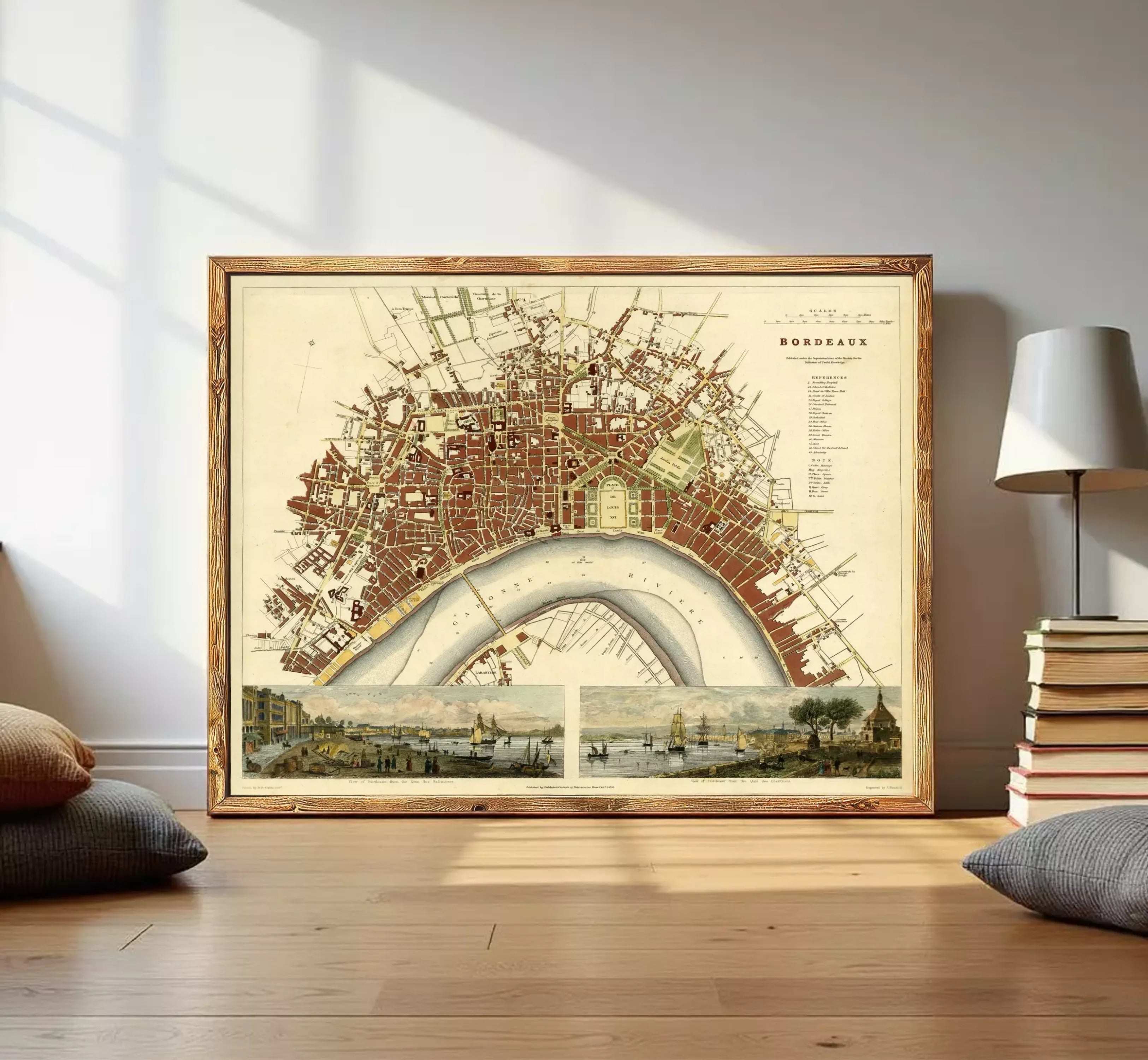 The image is a framed vintage map of the city of Bordeaux, France, depicting the city's layout and surrounding areas.