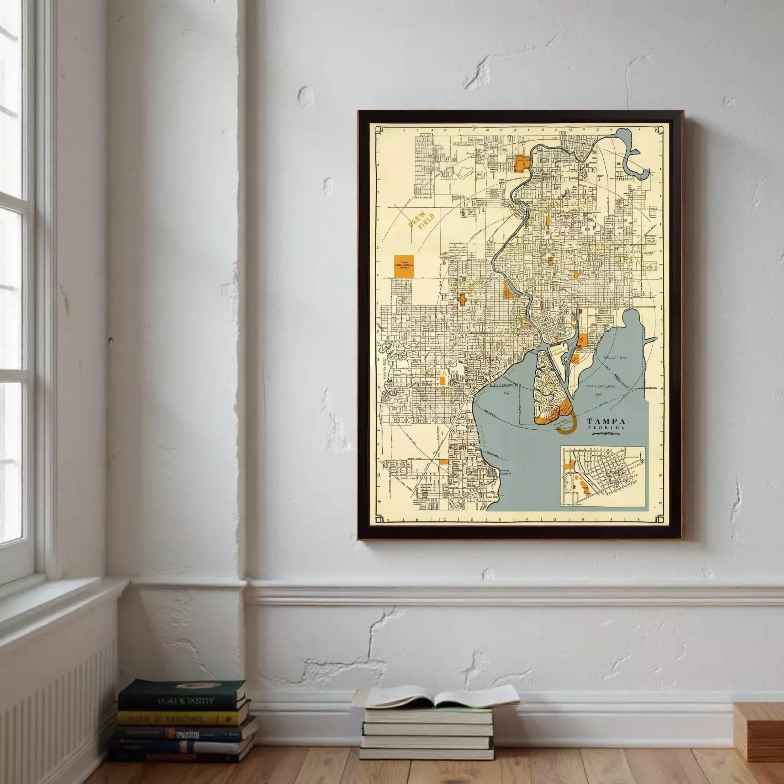 a framed map of Tampa, Florida, hanging on a white wall. Below the map, there are several books stacked on the floor.