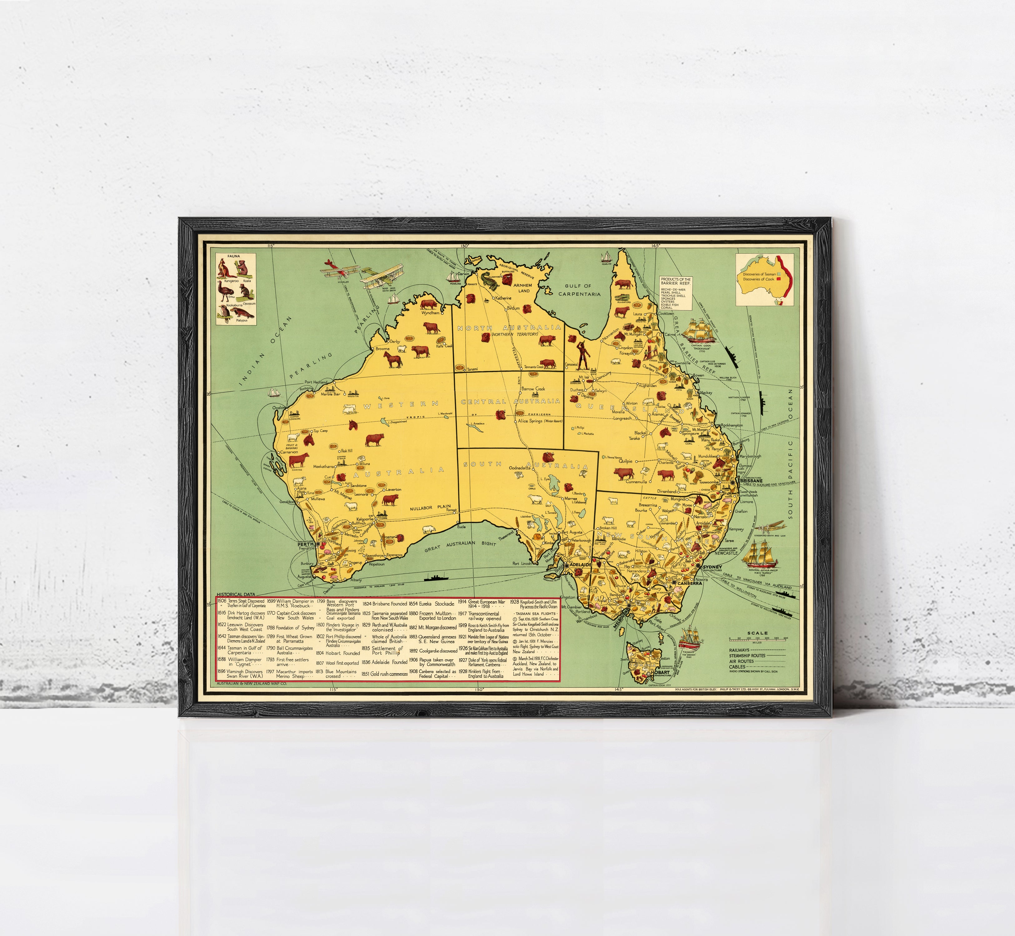 The image is a framed map of Australia, showing various landmarks and locations across the country.