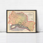 The image is a framed vintage map of St. Louis, Missouri, depicting the city's streets and surrounding areas.