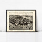 The image is a framed black and white photograph of the New York City skyline, showcasing the city's iconic buildings and waterways.