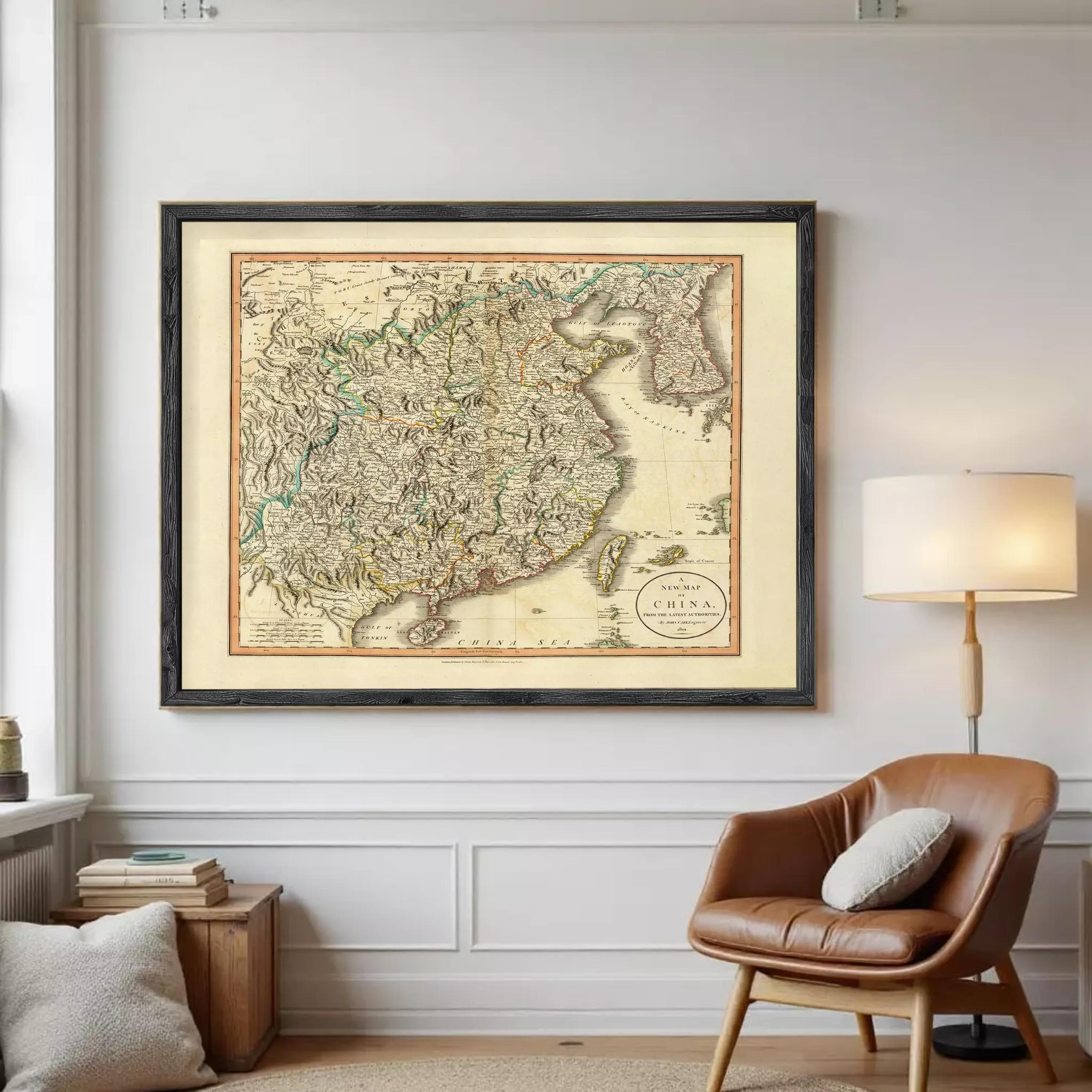 The image is a framed antique map of China, depicting the country's geographical layout and boundaries.