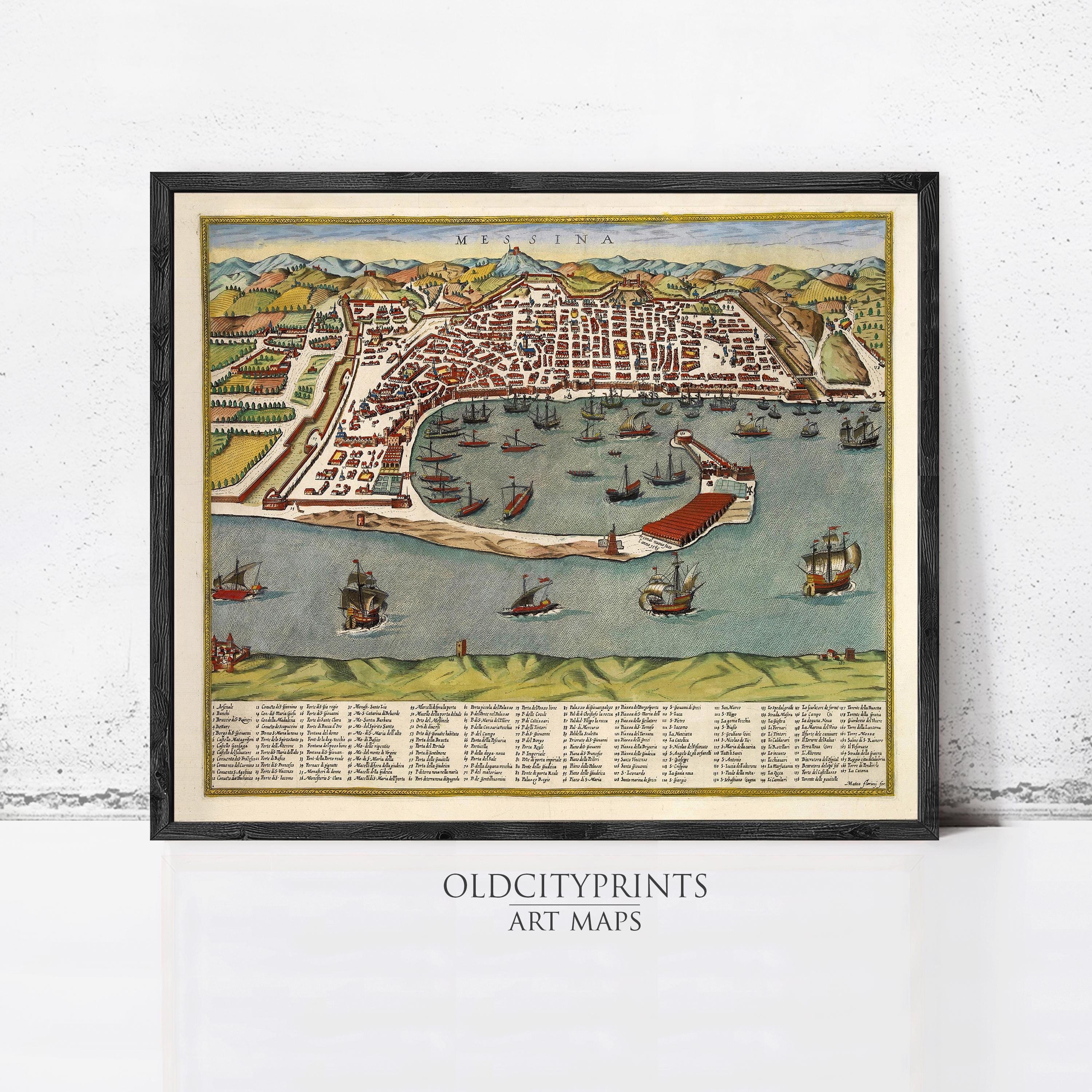 The image is a framed illustration depicting a cityscape with ships and boats in the water, likely representing a coastal city.