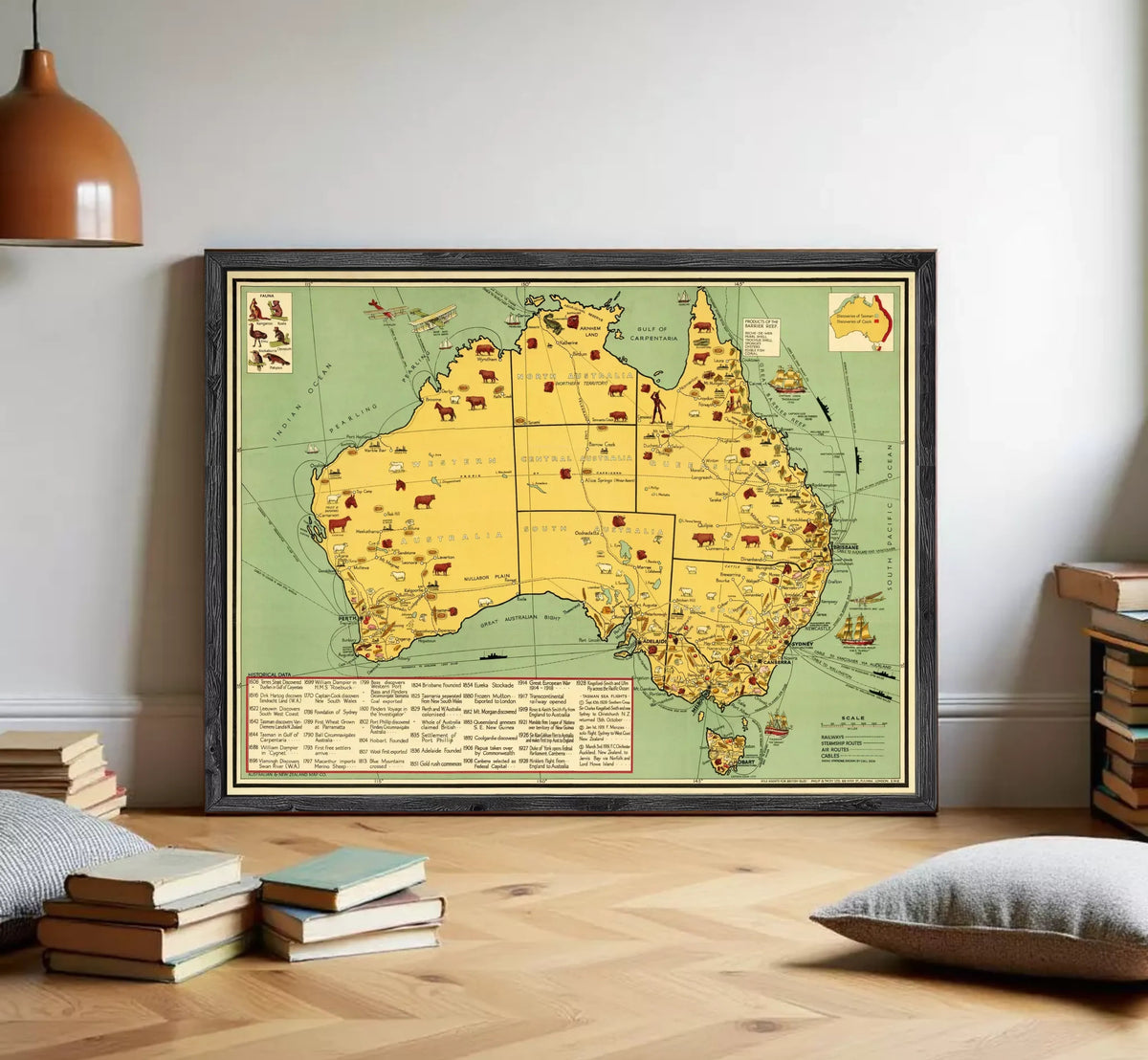 The image is a framed map of Australia, showing various landmarks and locations across the country.