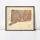 The image is a framed geological map of the state of Connecticut, showing the state's geographical features and boundaries.