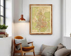 The image is a framed vintage map of a city, depicting a detailed layout of streets, buildings, and other urban features.
