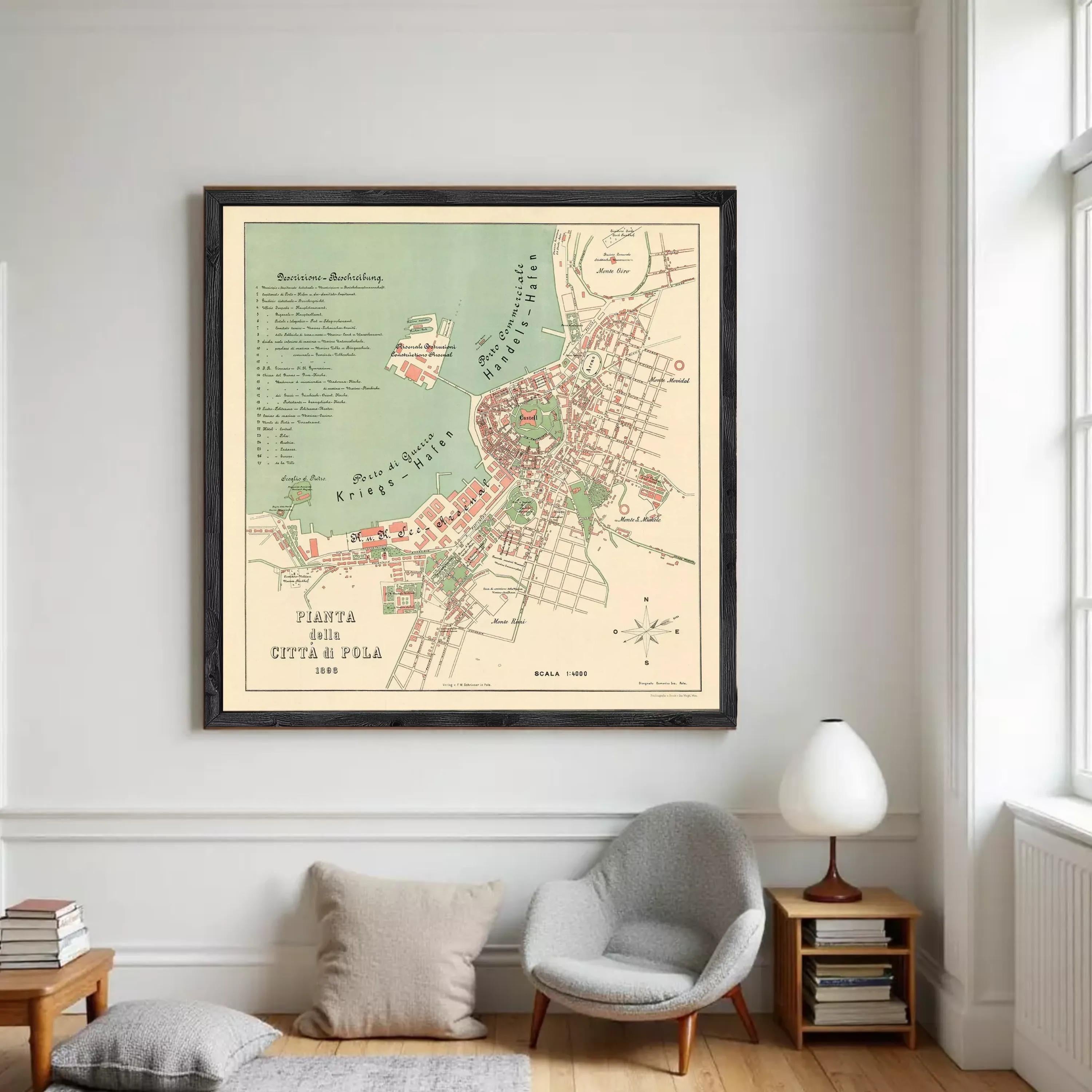 The image is a framed map of a city, depicting the streets, landmarks, and surrounding areas.