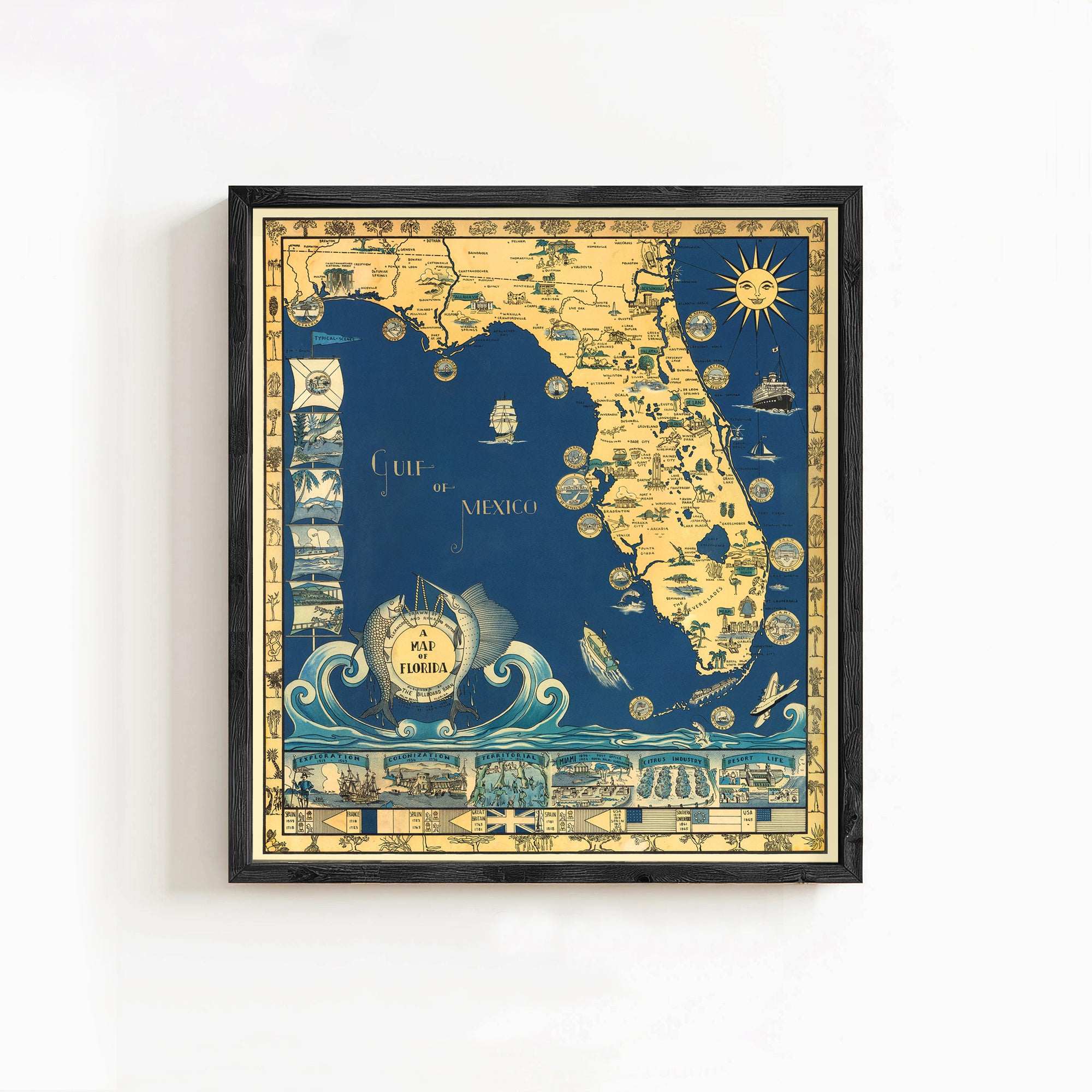 The image is a framed vintage map of Florida, depicting various landmarks and coastal areas in a stylized and decorative manner.