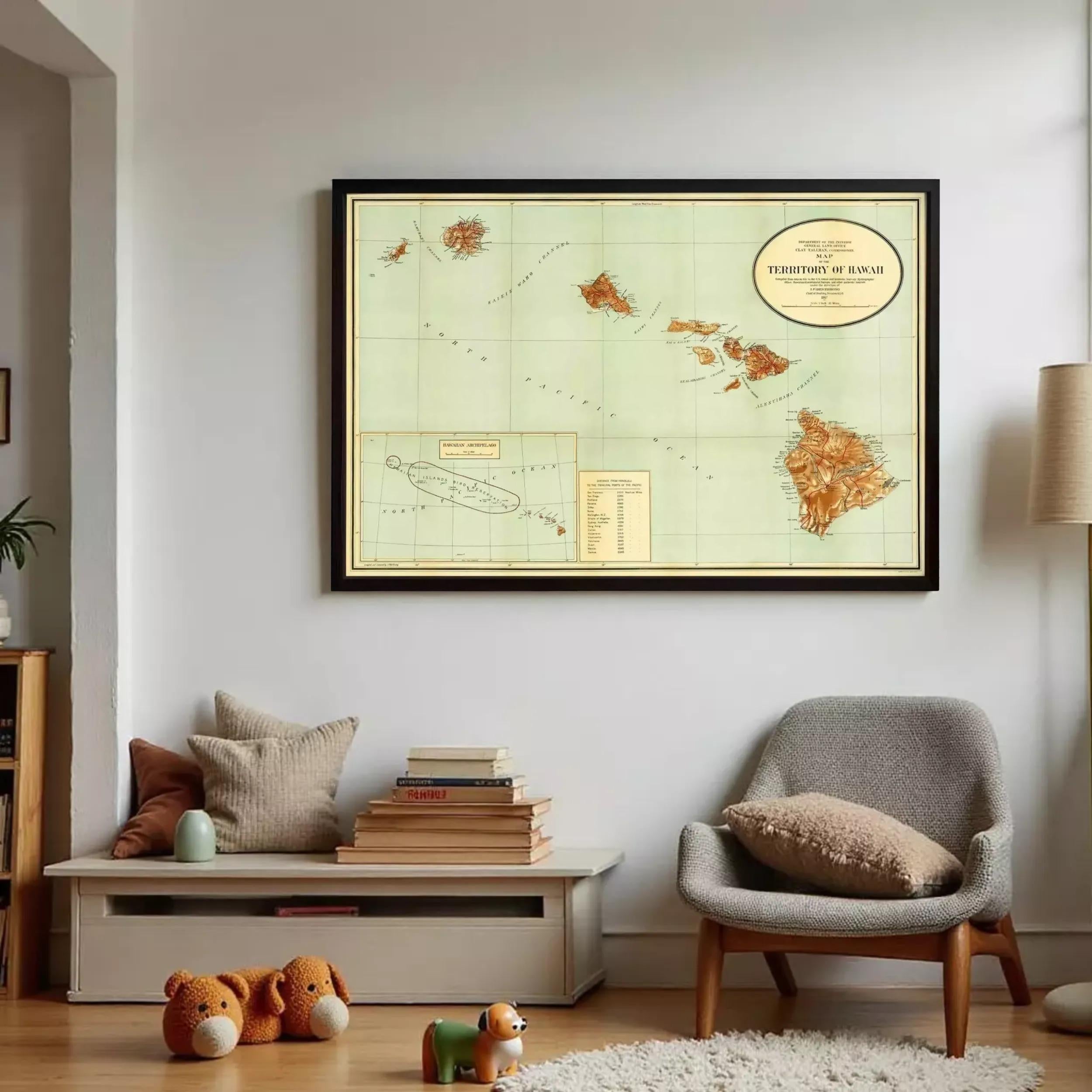 The image is a framed map of the Territory of Hawaii, depicting the islands and surrounding areas.