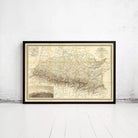 The image is a framed vintage map of a region, likely depicting a country or region, with detailed geographical information and a color palette of beige and brown.