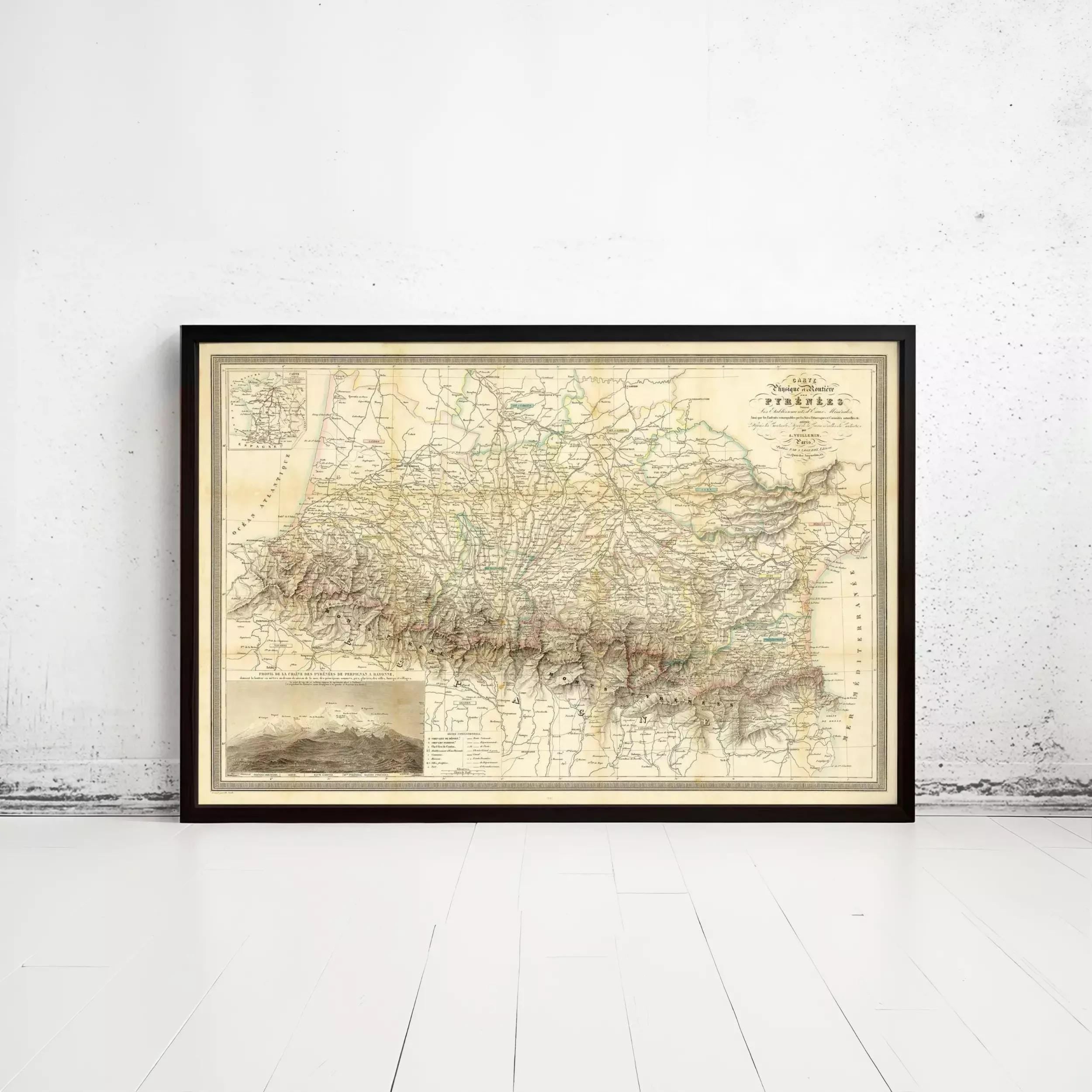 The image is a framed vintage map of a region, likely depicting a country or region, with detailed geographical information and a color palette of beige and brown.